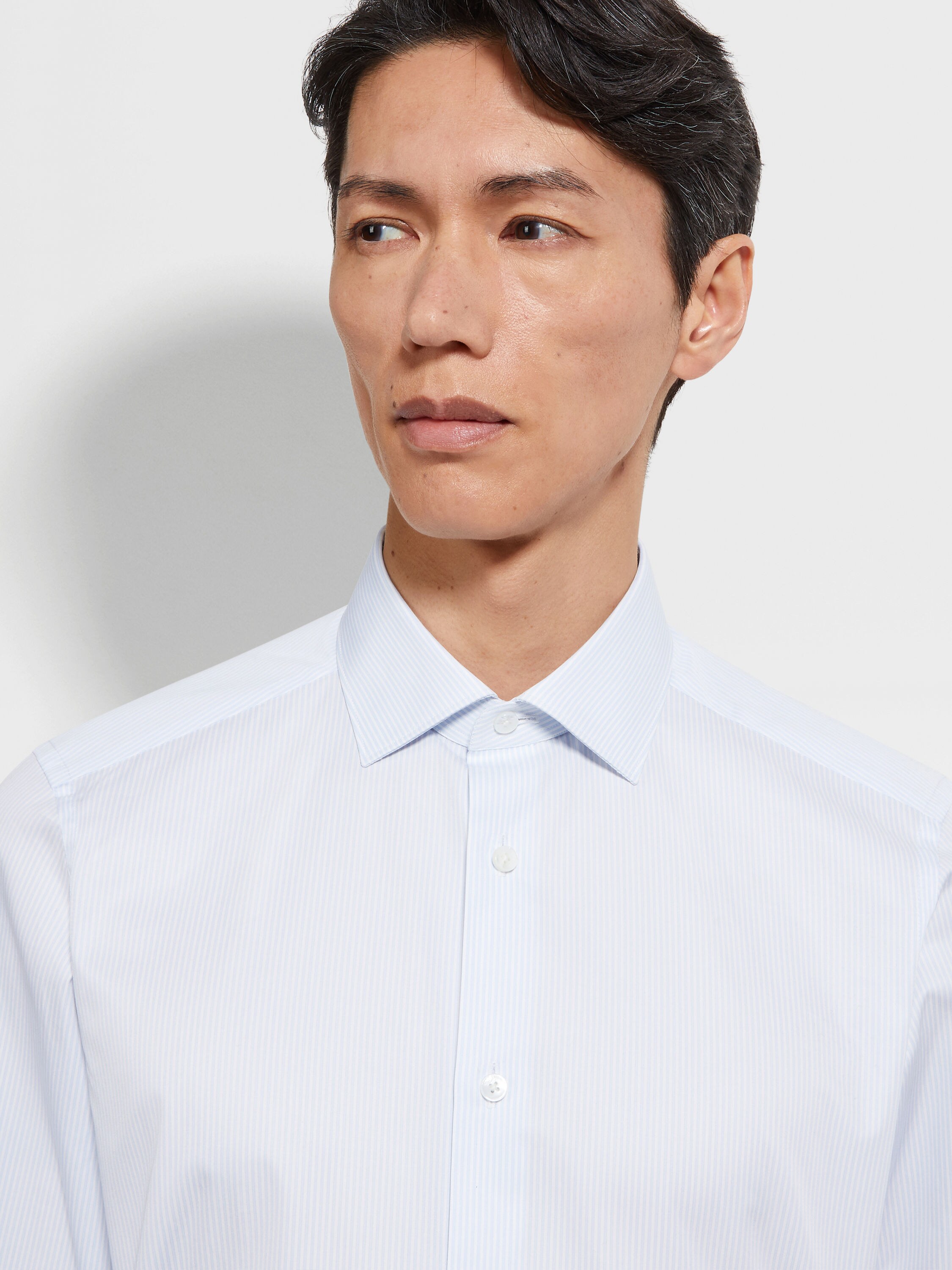 Light Blue and White Micro-striped Trecapi Cotton Shirt Product detail photo #1