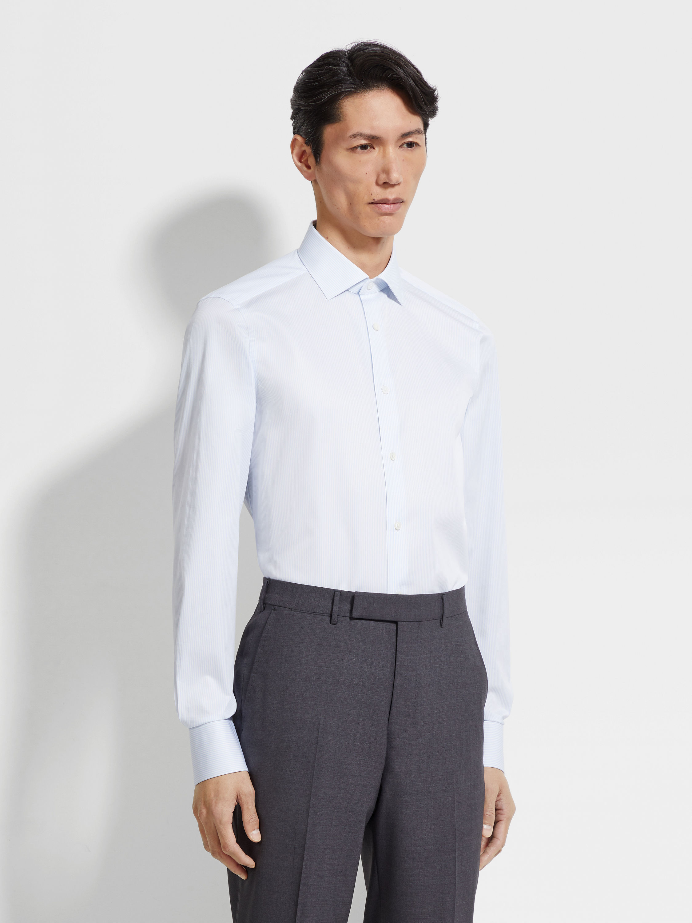 Light Blue and White Micro-striped Trecapi Cotton Shirt Product detail photo #2