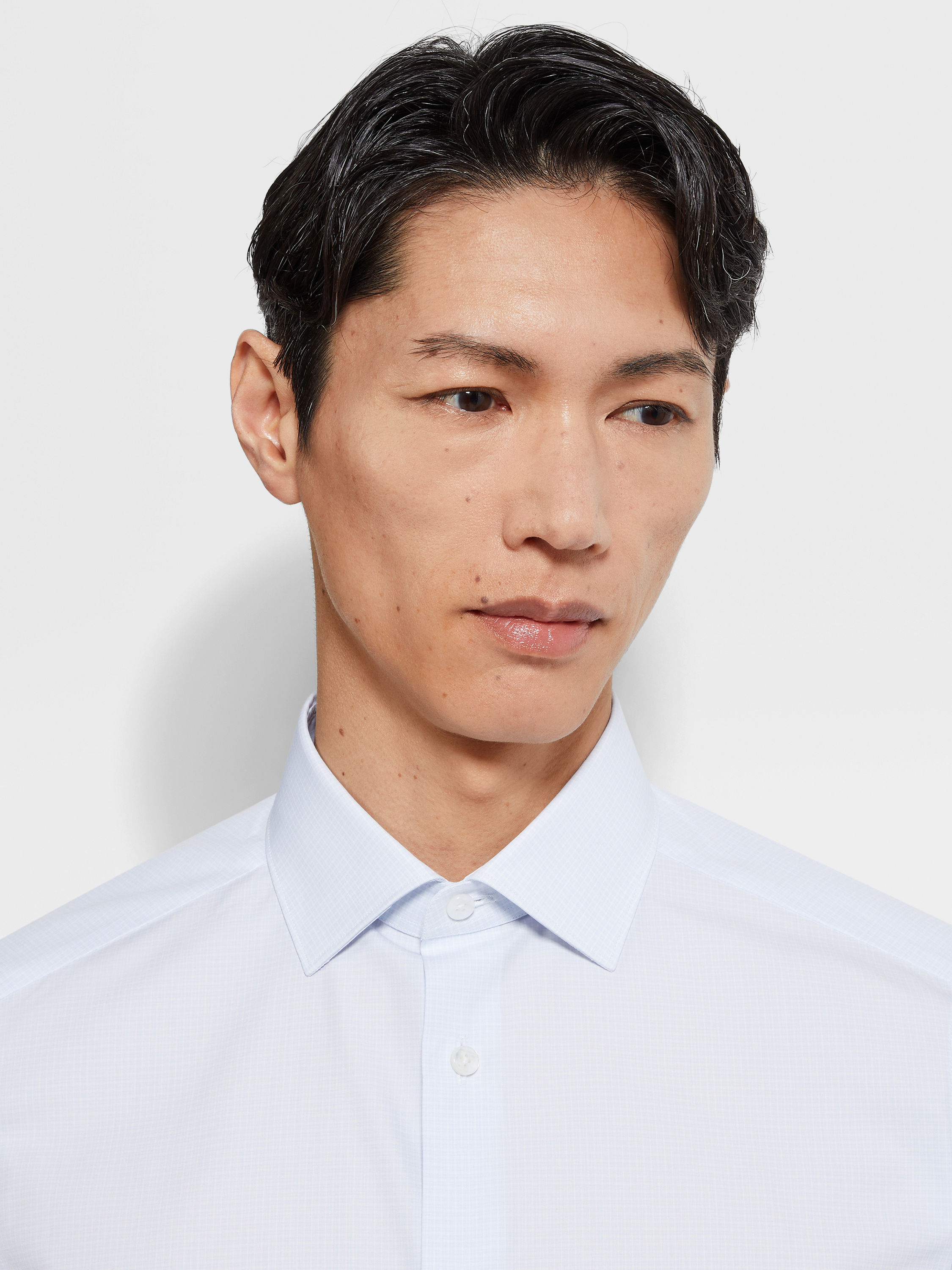 Light Blue and White Micro-checked Trecapi Cotton Shirt Product detail photo #1