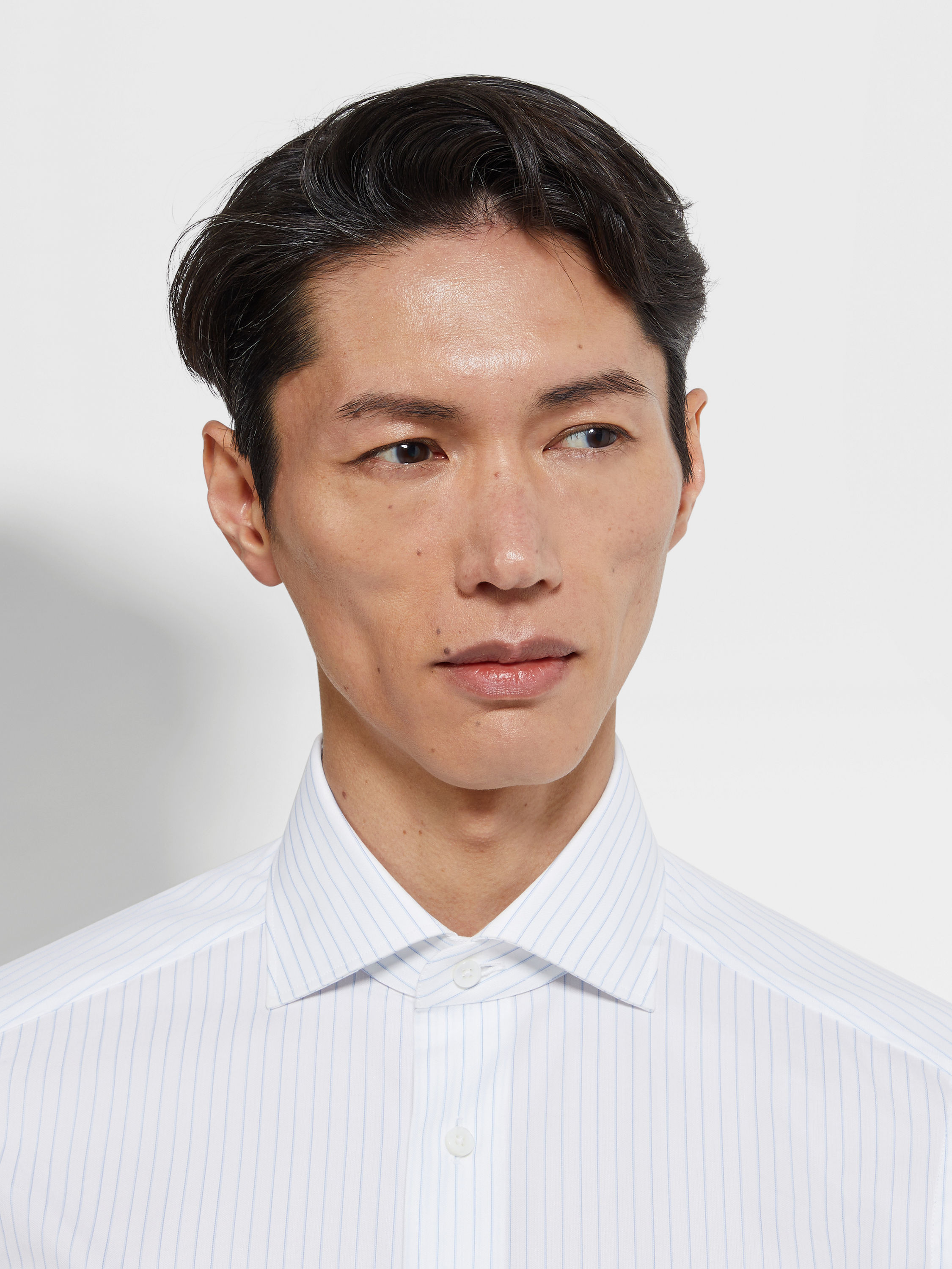 Light Blue and White Structured Striped Trecapi Cotton Shirt Product detail photo #1