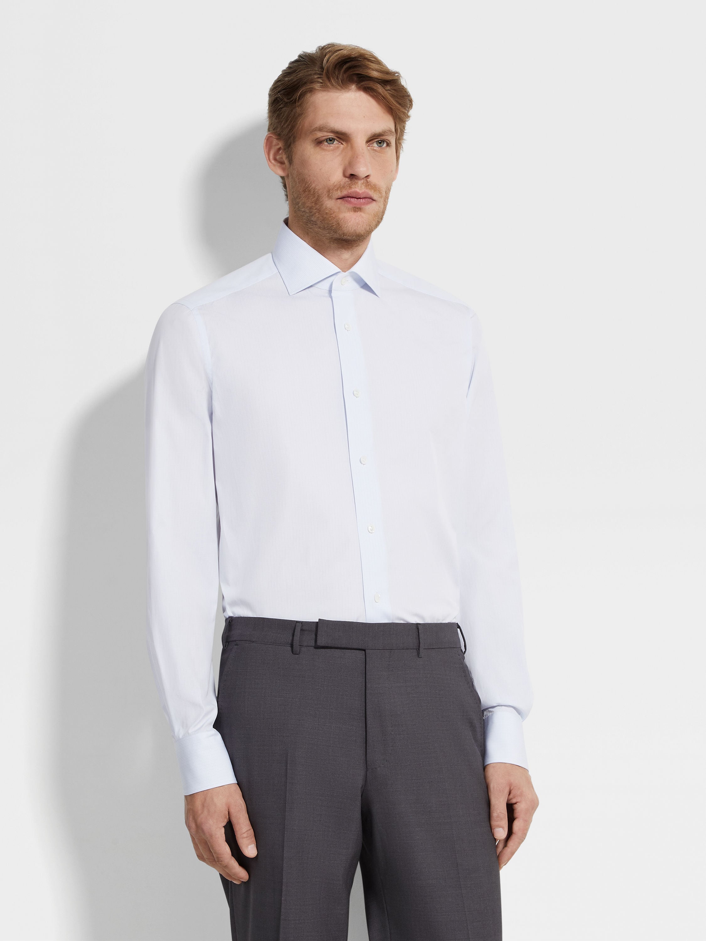 Light Blue and White Micro-checked Centoventimila Cotton Shirt Product detail photo #2