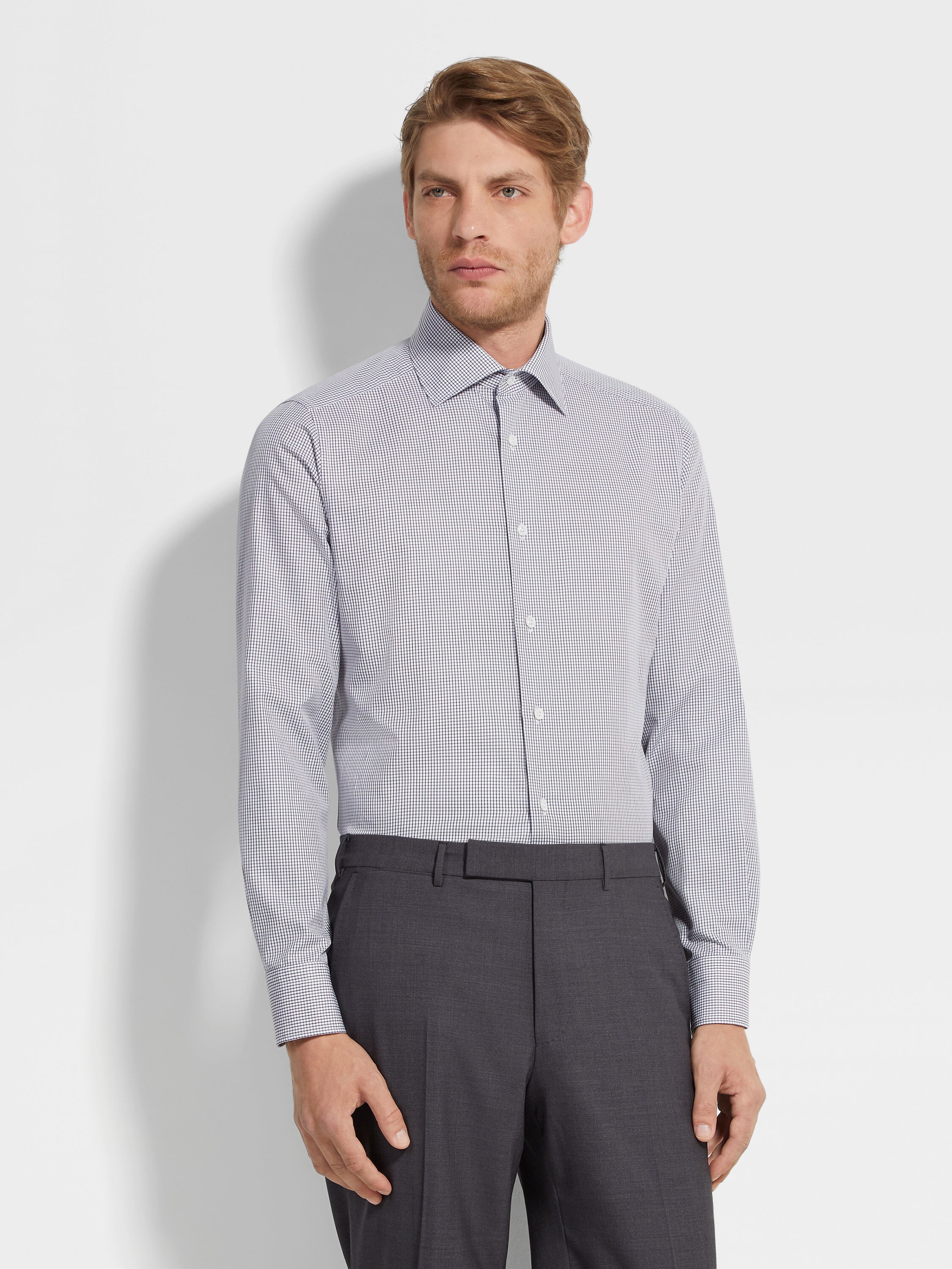 Navy Blue and White Checked Centoventimila Cotton Shirt Product detail photo #2