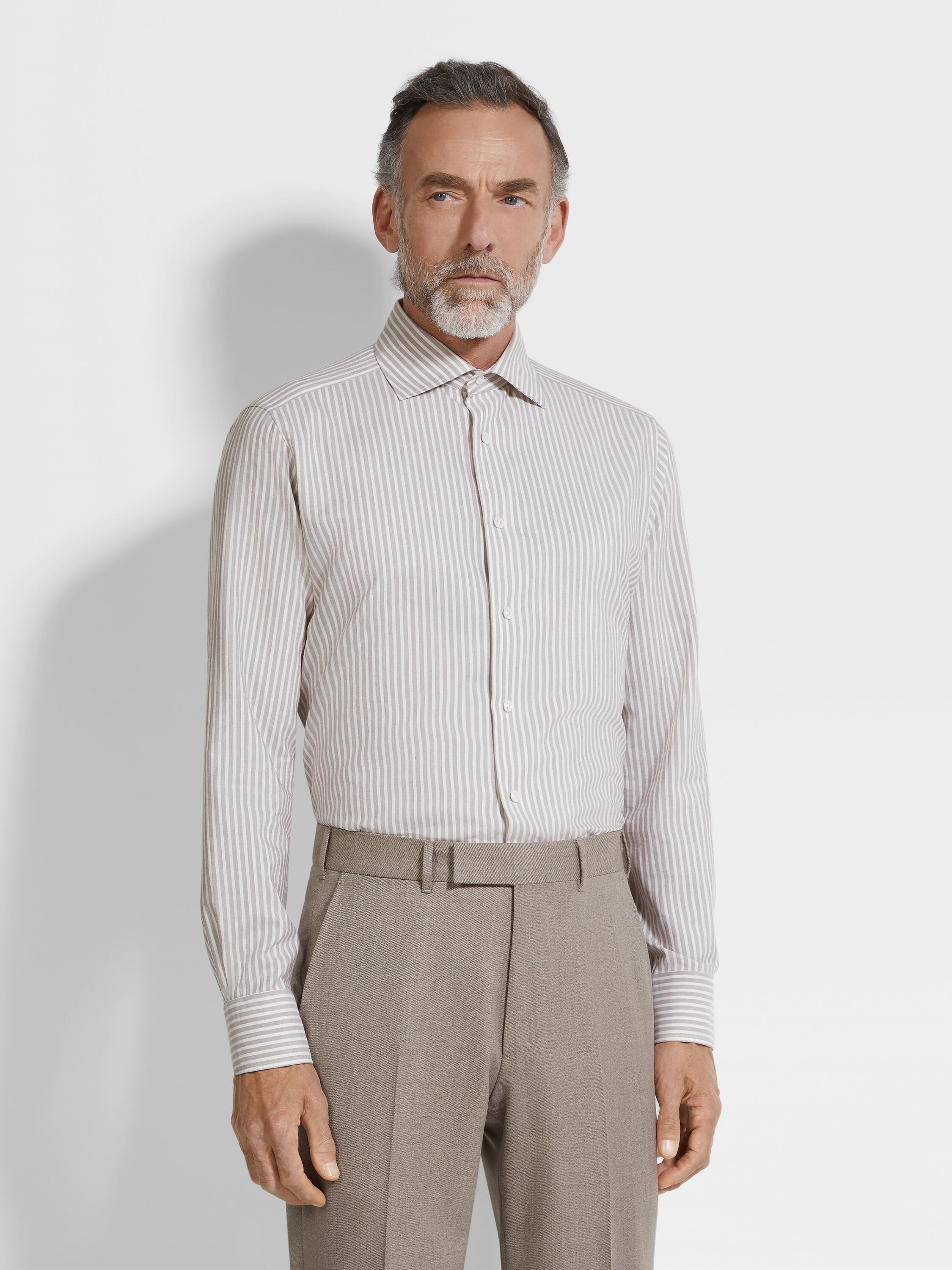 Brown and White Striped Silk and Cotton Blend Shirt Product detail photo #3