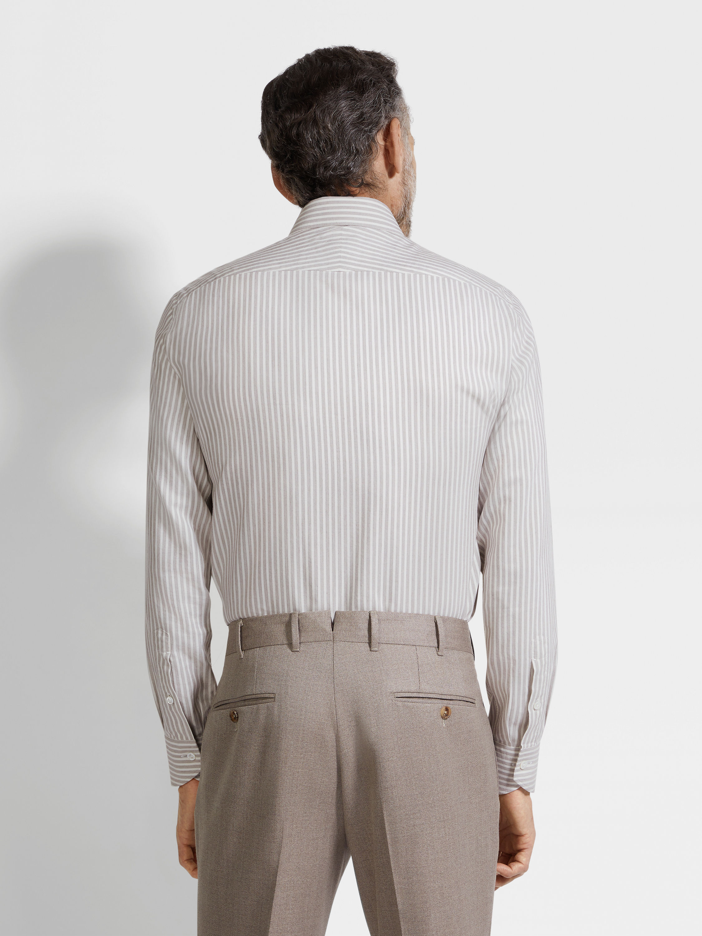 Brown and White Striped Silk and Cotton Blend Shirt Product detail photo #4