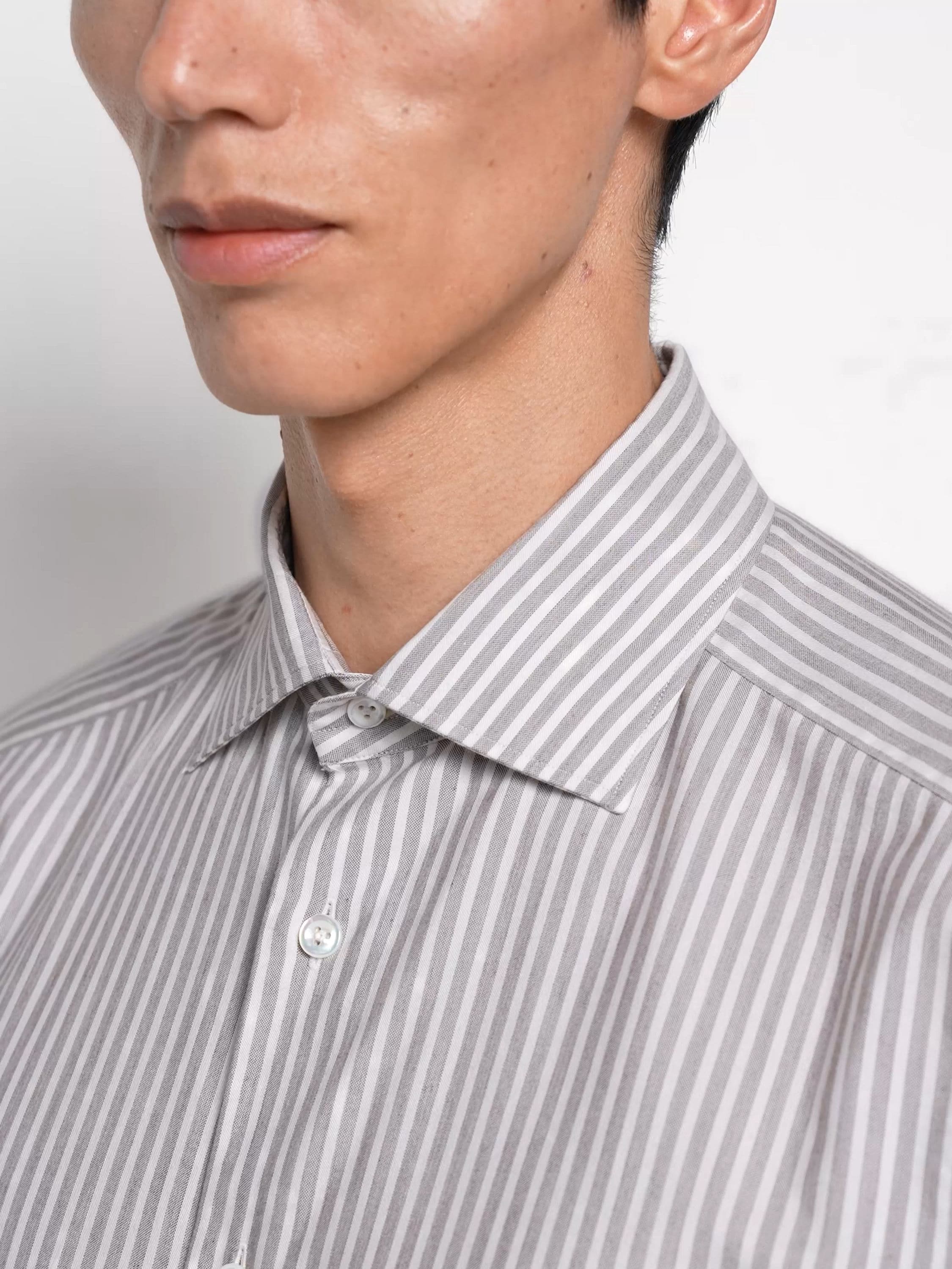 Brown and White Striped Silk and Cotton Blend Shirt