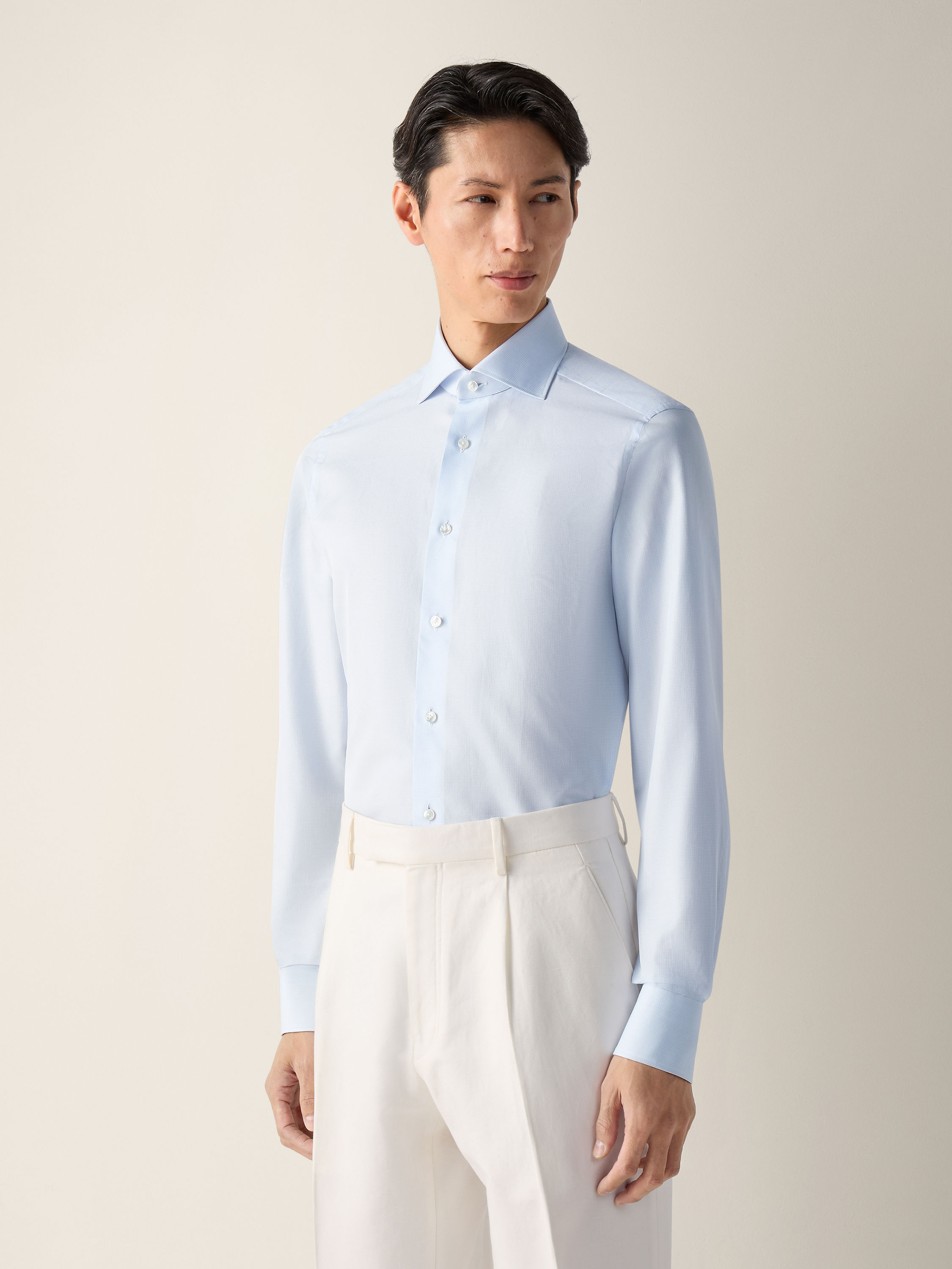 Light Avio Blue Micro-structured Trecapi Cotton Shirt Product detail photo #2