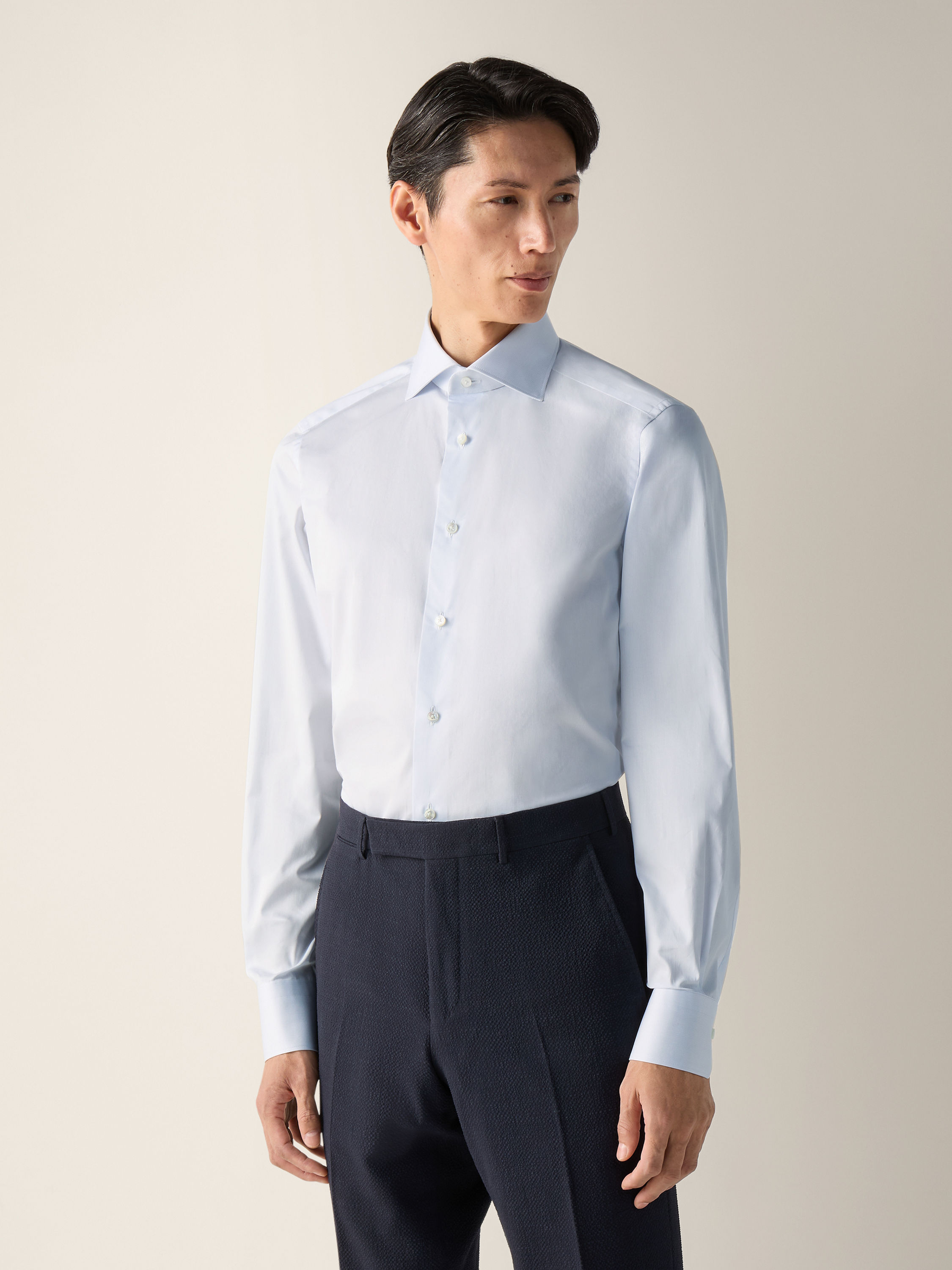 Light Avio Blue and White Micro-striped Trecapi Cotton Shirt Product detail photo #2