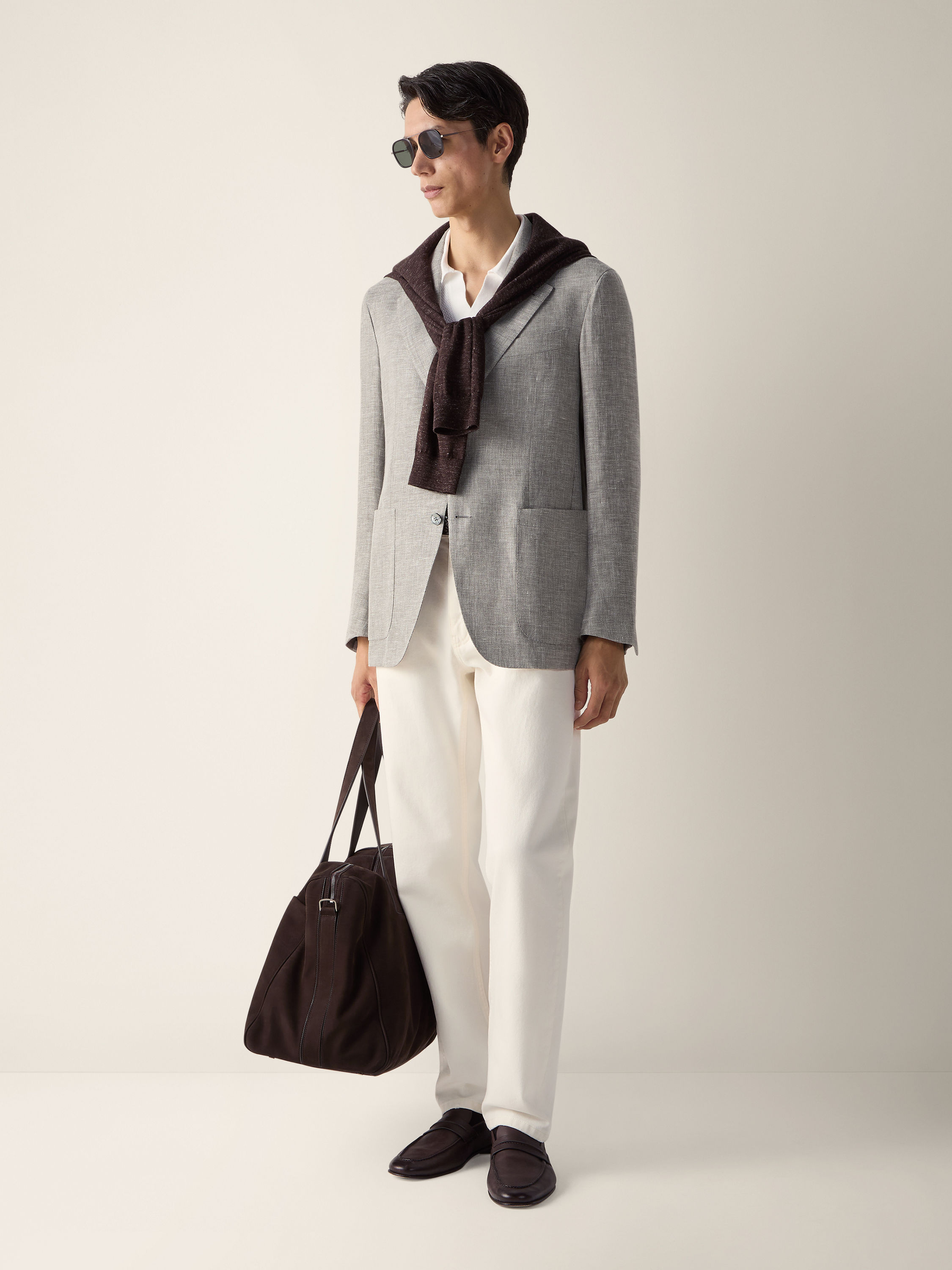 Dark Taupe and White Crossover Linen Wool and Silk Blend Jacket Product detail photo #1