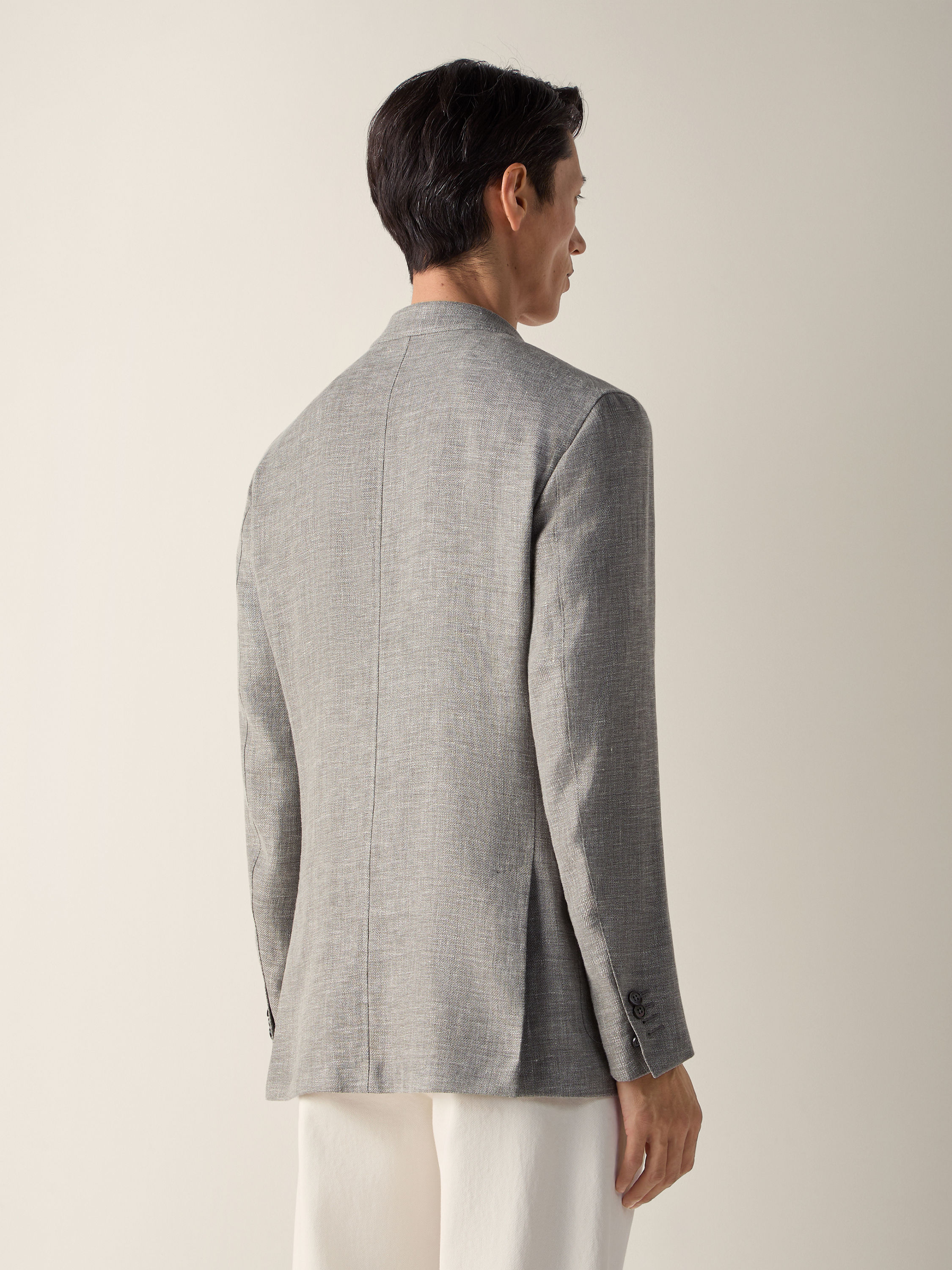 Dark Taupe and White Crossover Linen Wool and Silk Blend Jacket Product detail photo #5