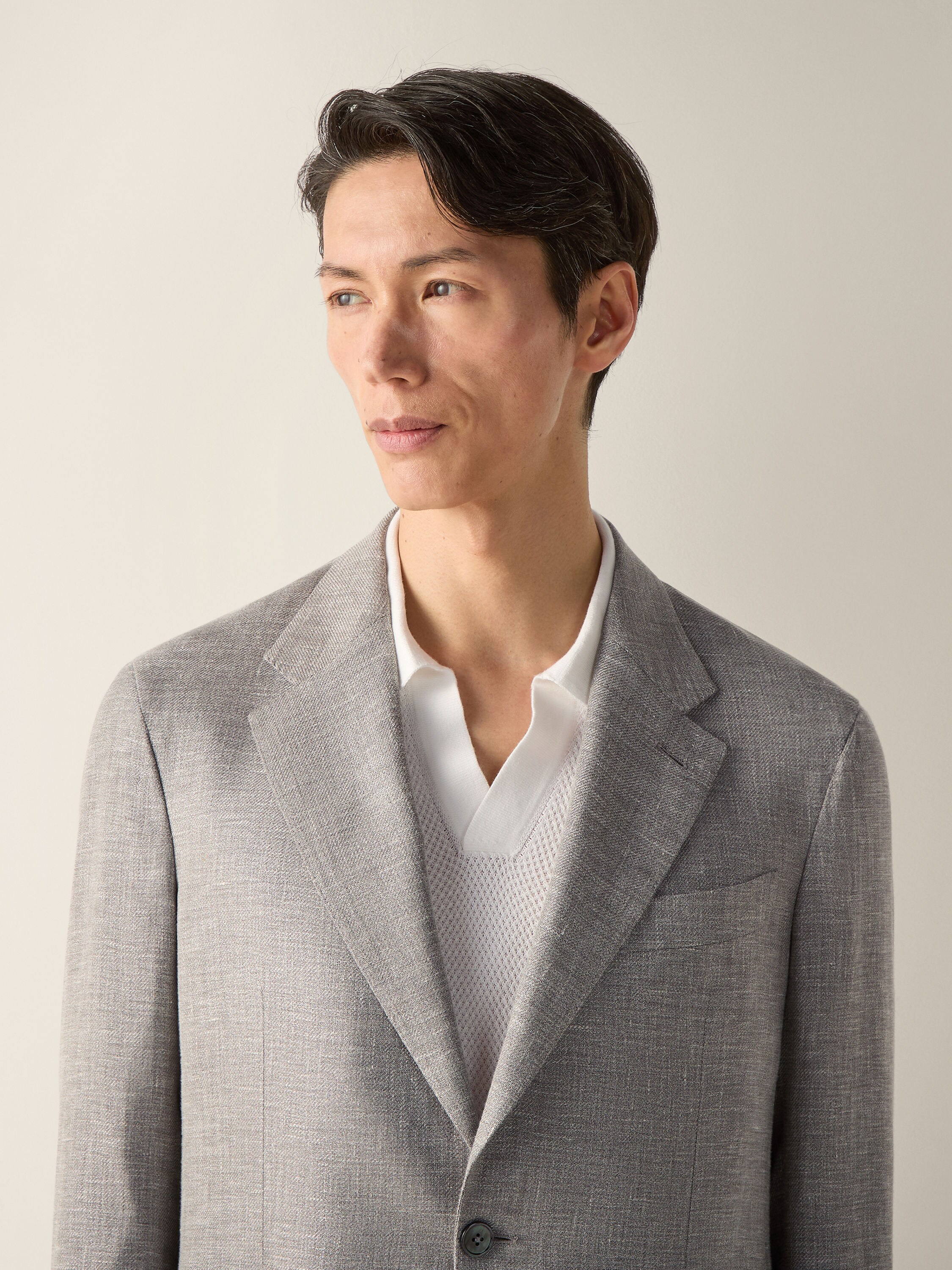 Dark Taupe and White Crossover Linen Wool and Silk Blend Jacket Product detail photo #2