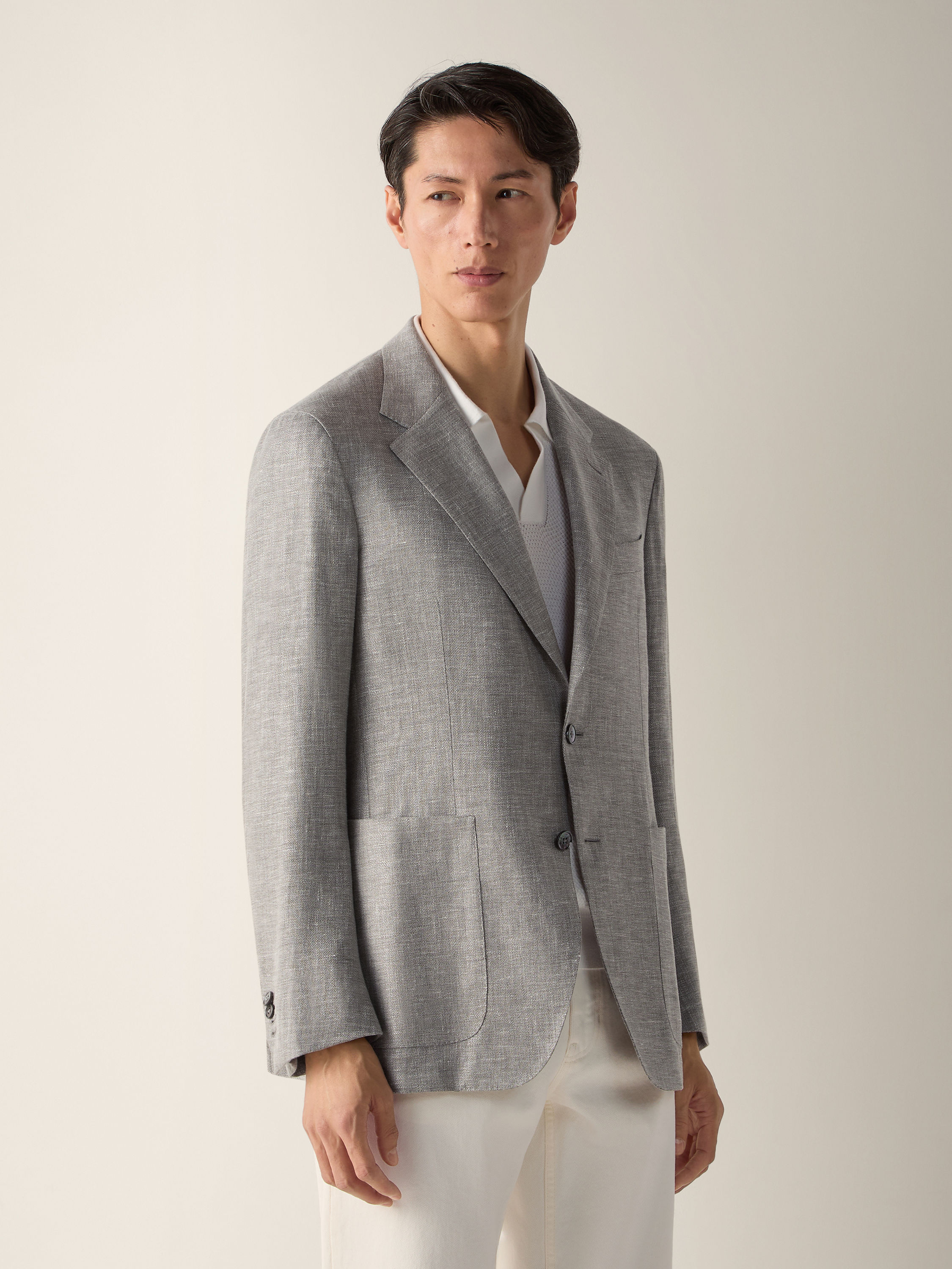 Dark Taupe and White Crossover Linen Wool and Silk Blend Jacket Product detail photo #3