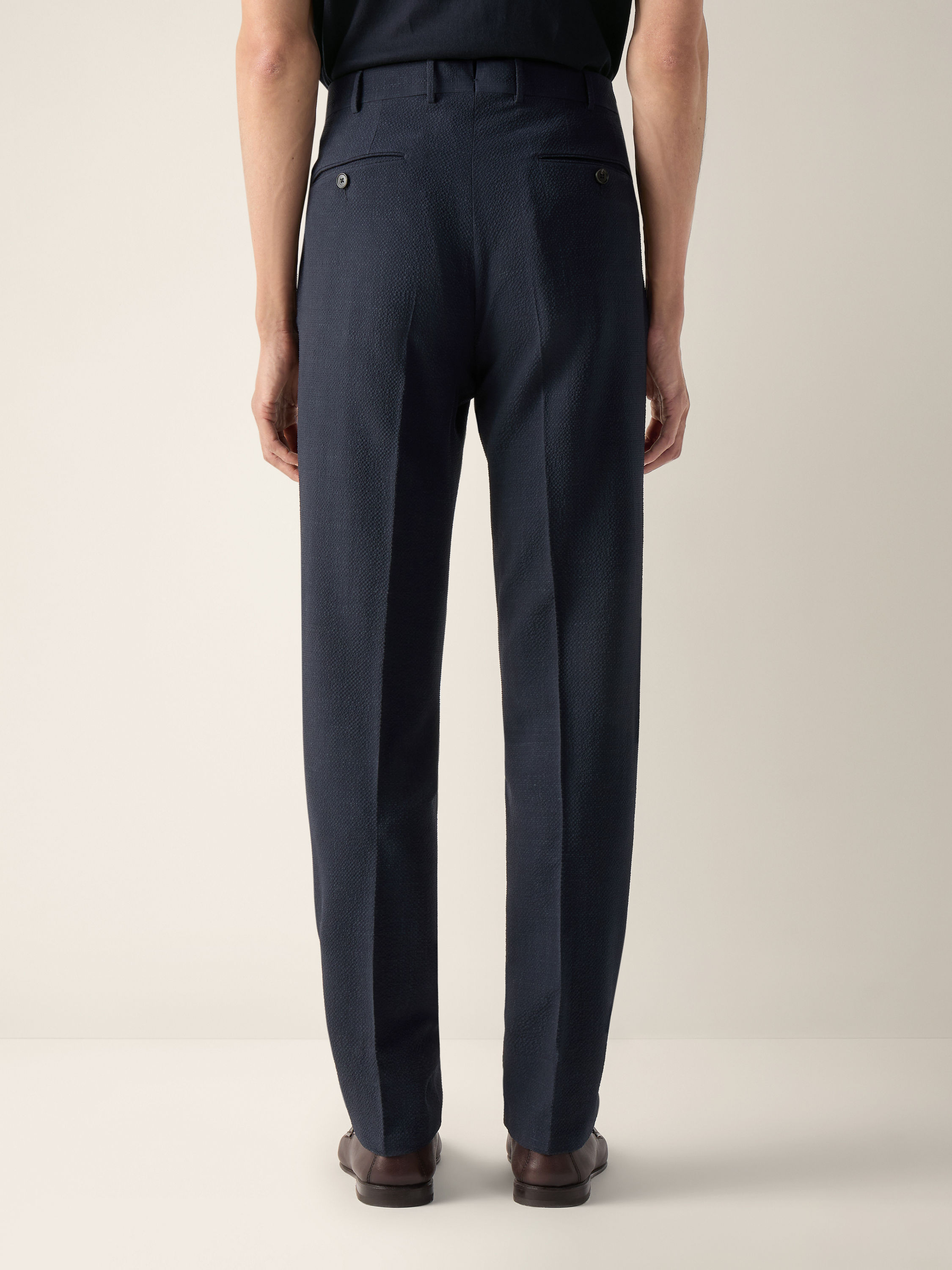 Navy Blue Stretch Trofeo Seersucker Wool Silk and Linen Pants Product detail photo #4