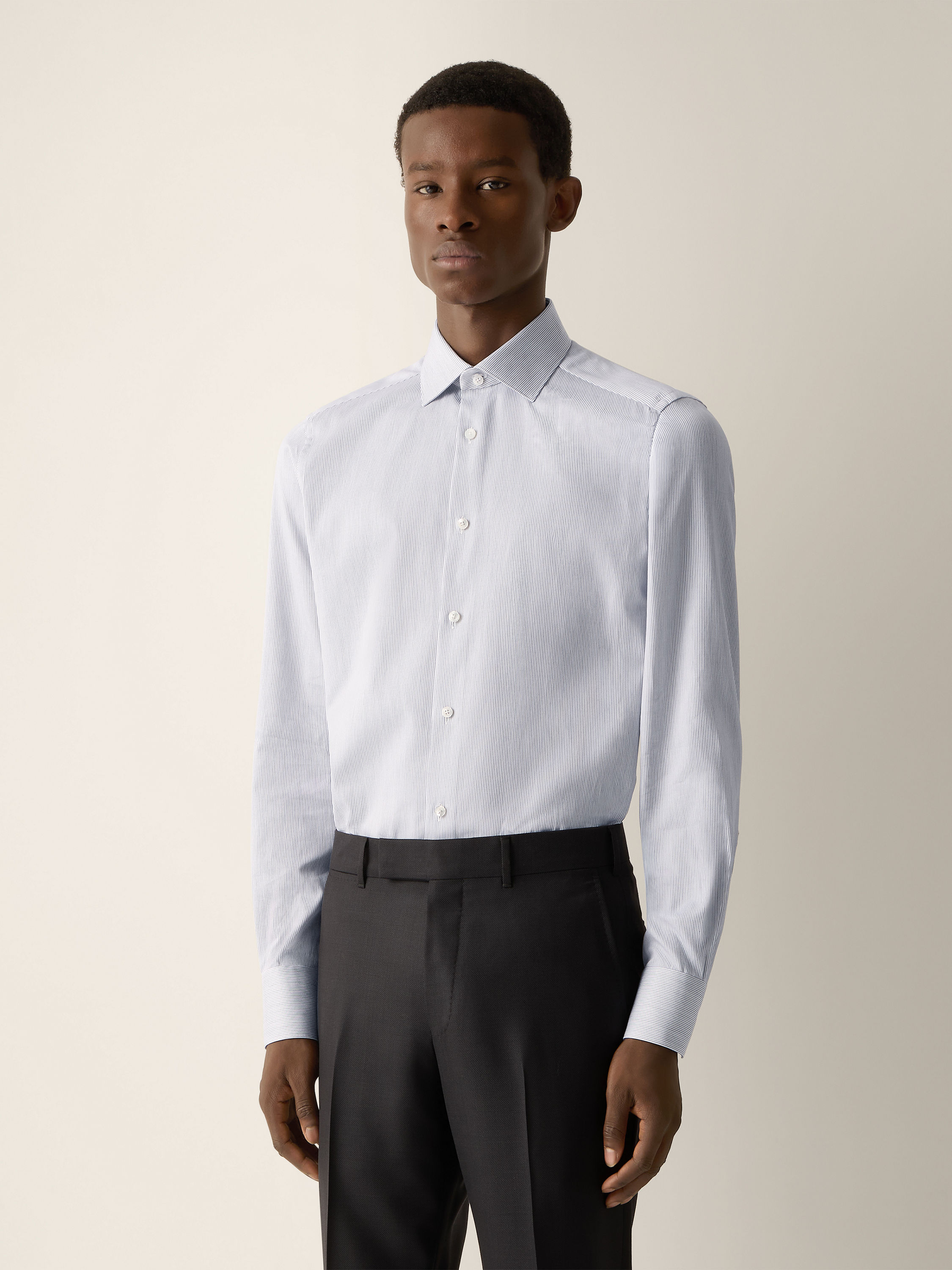 White and Navy Blue Micro-striped Cotton and Silk Shirt Product detail photo #3