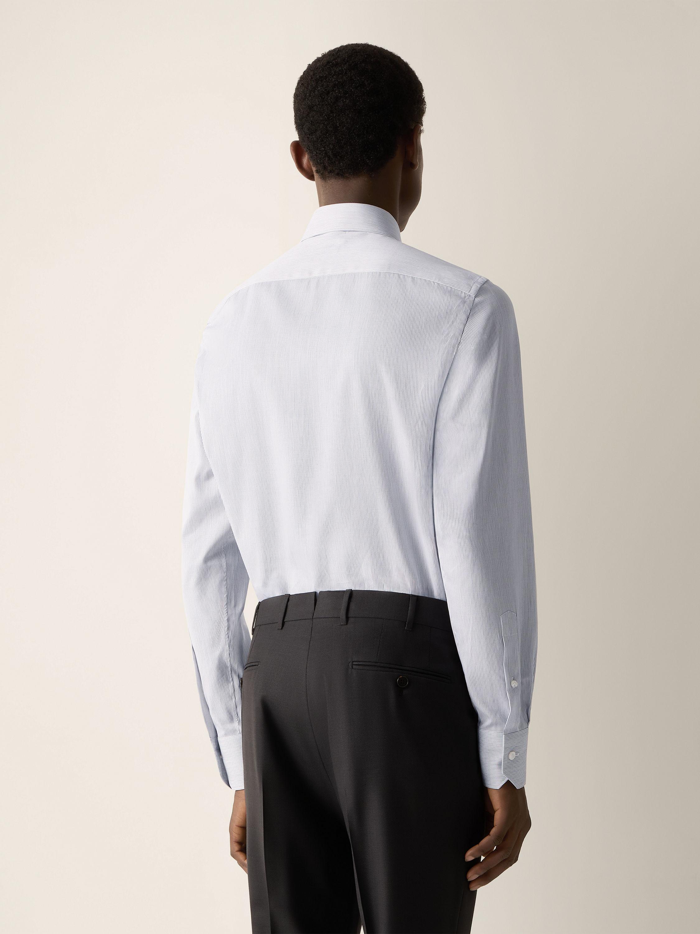 White and Navy Blue Micro-striped Cotton and Silk Shirt Product detail photo #4