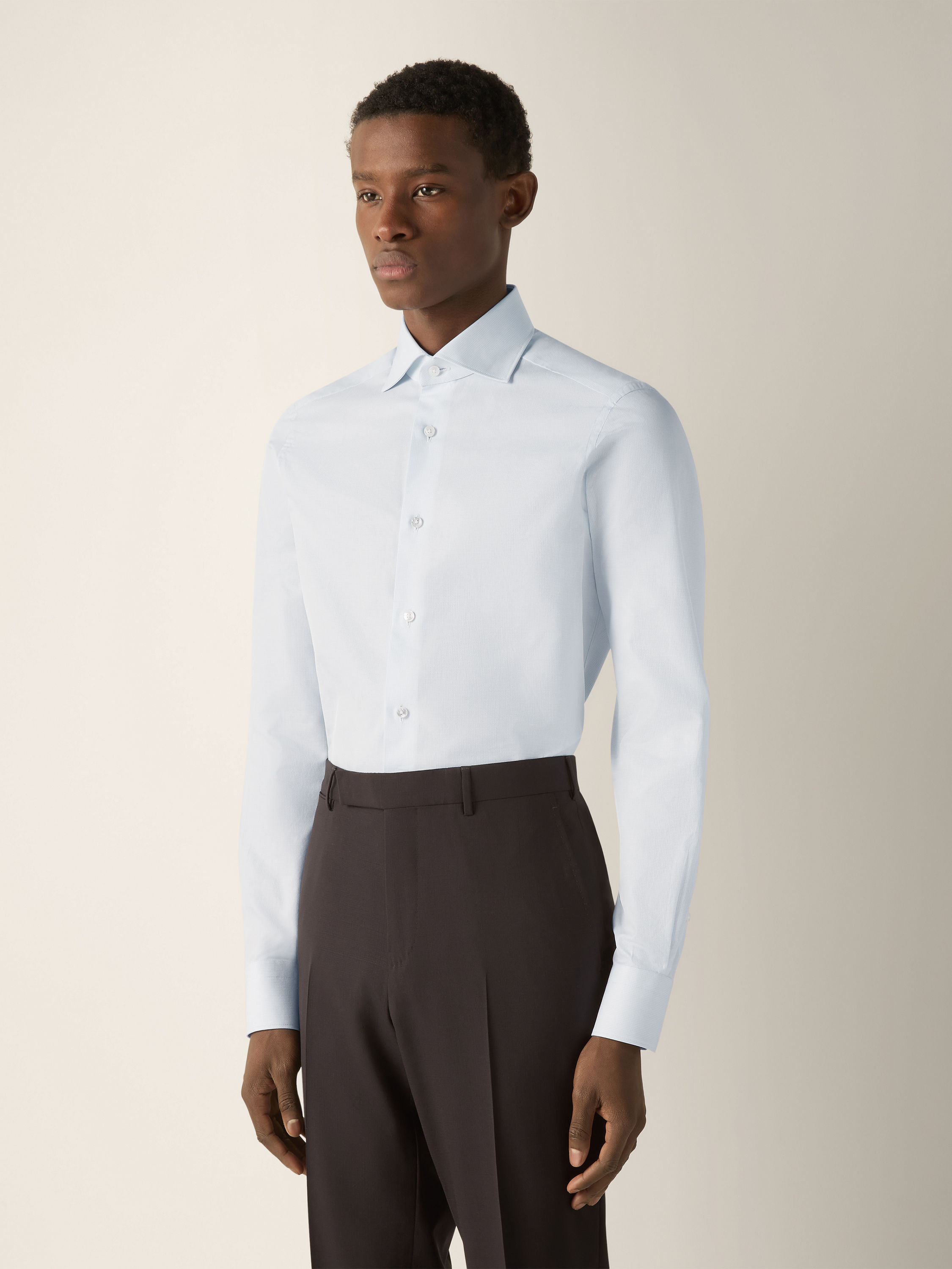 White and Light Blue Structured Striped Trecapi Cotton Shirt Product detail photo #2