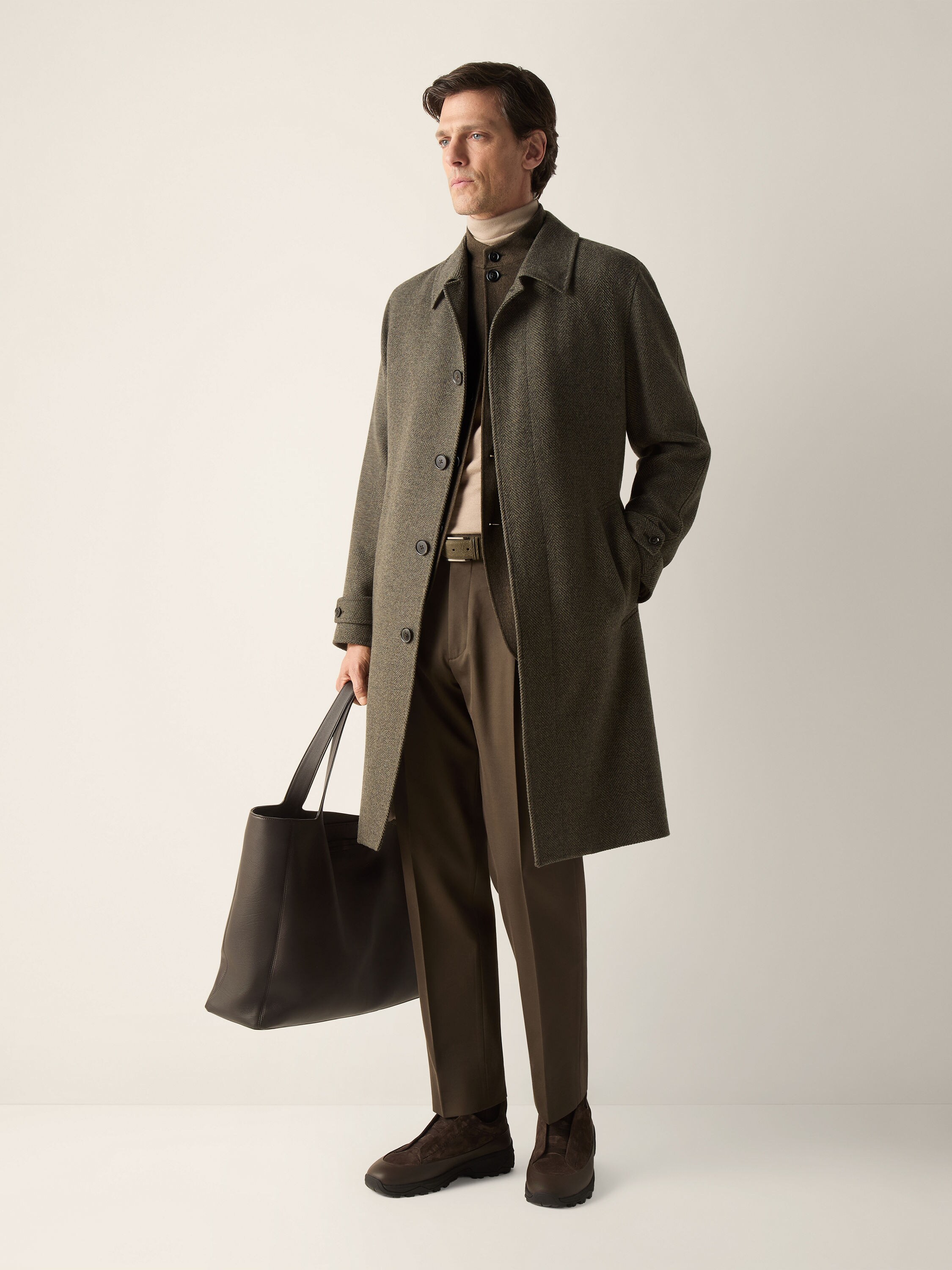 Dark Olive Green and Dark Grey Oasi Cashmere Trench Coat Product detail photo #1