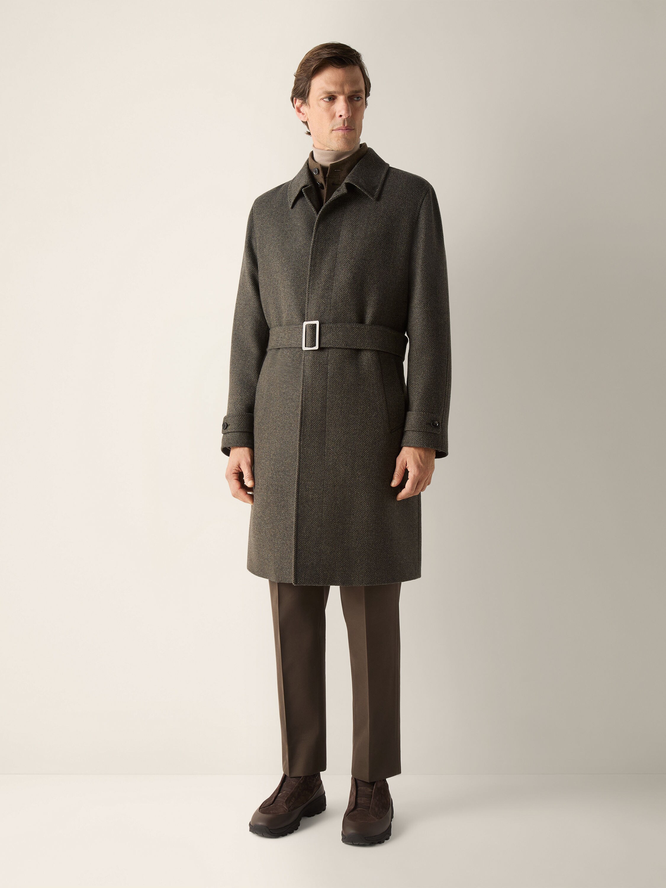 Dark Olive Green and Dark Grey Oasi Cashmere Trench Coat Product detail photo #3