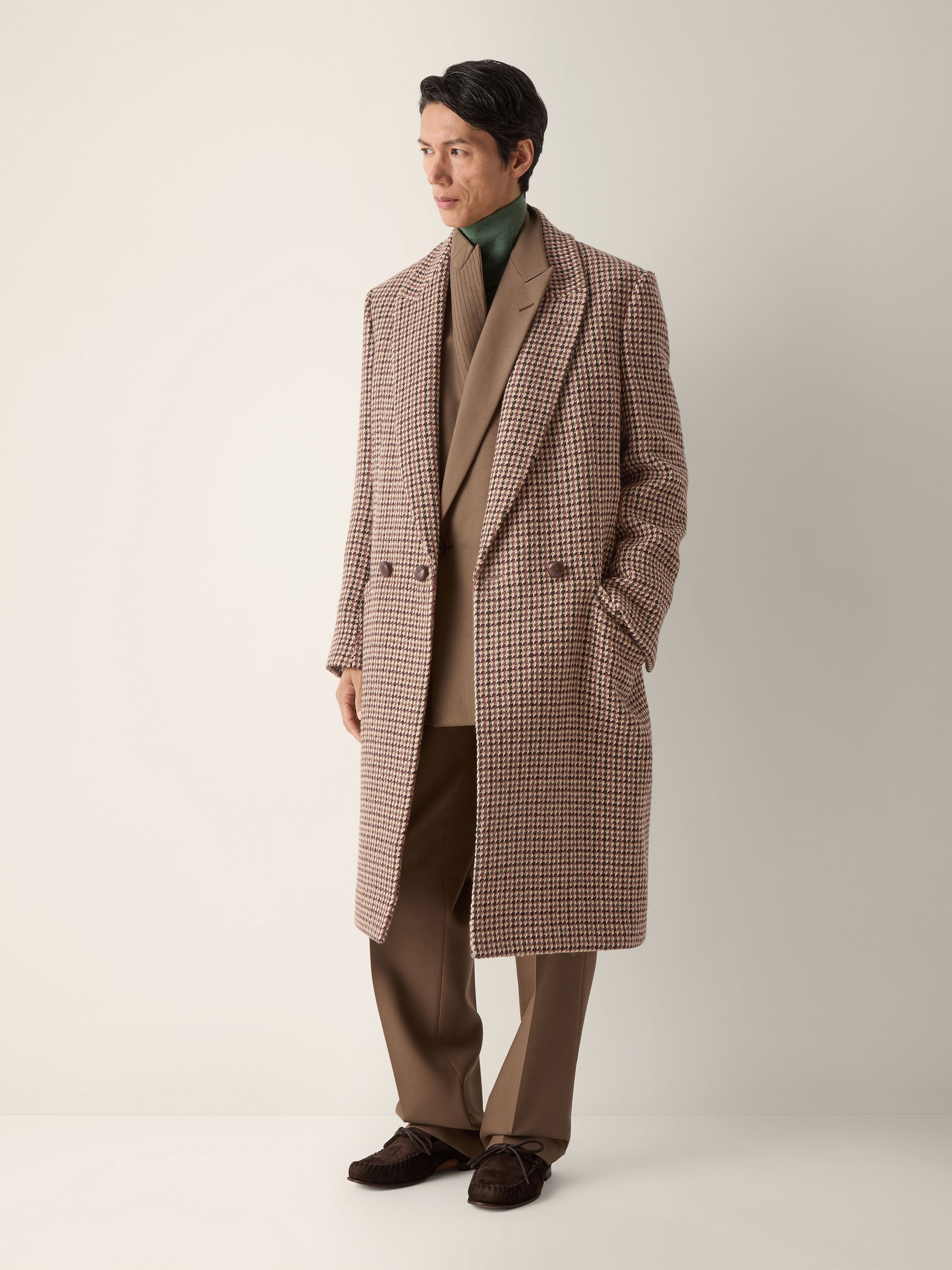 Beige Black and Reddish Brown Wool and Paper Yarn Overcoat Product detail photo #1