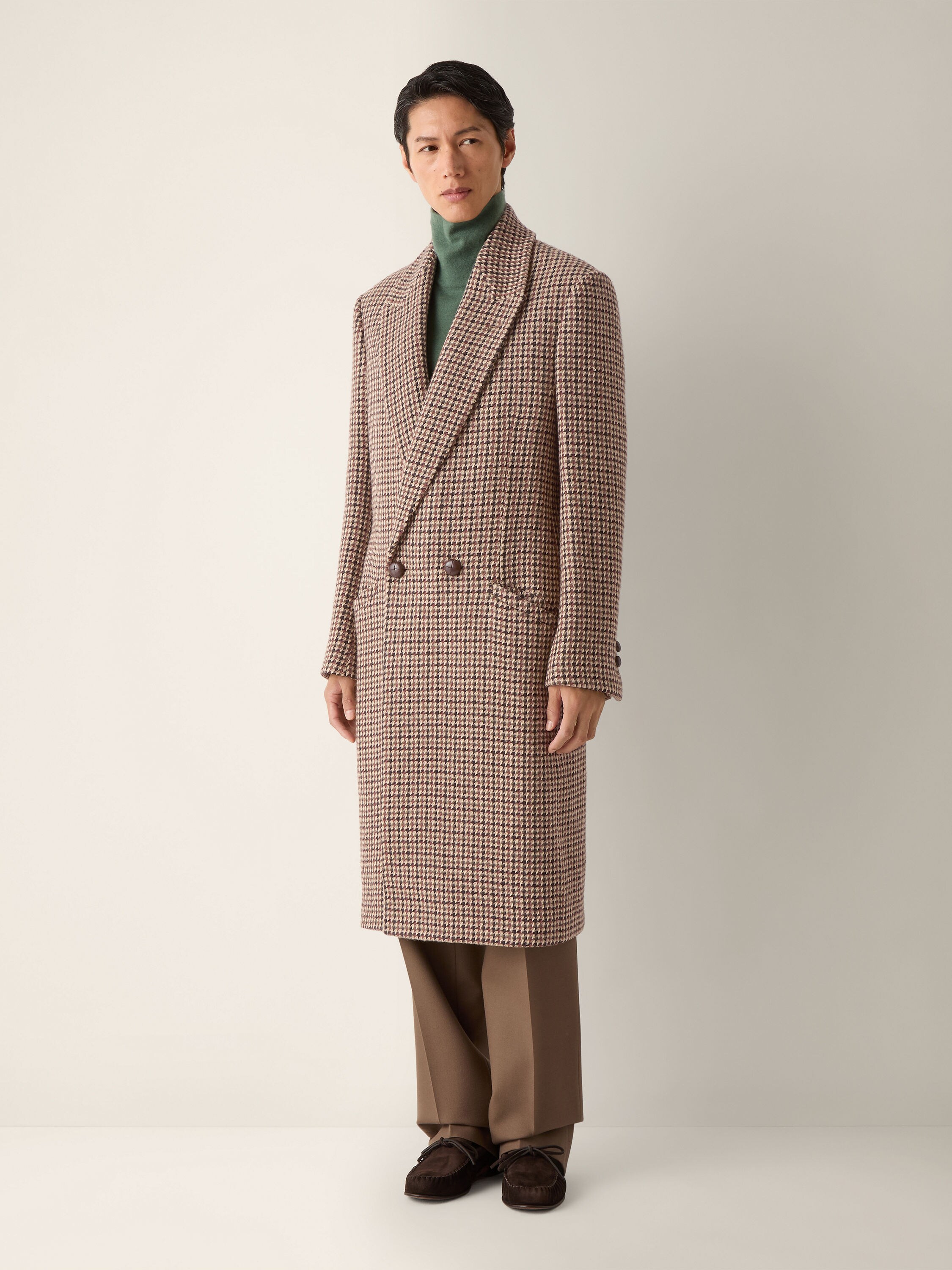 Beige Black and Reddish Brown Wool and Paper Yarn Overcoat Product detail photo #3