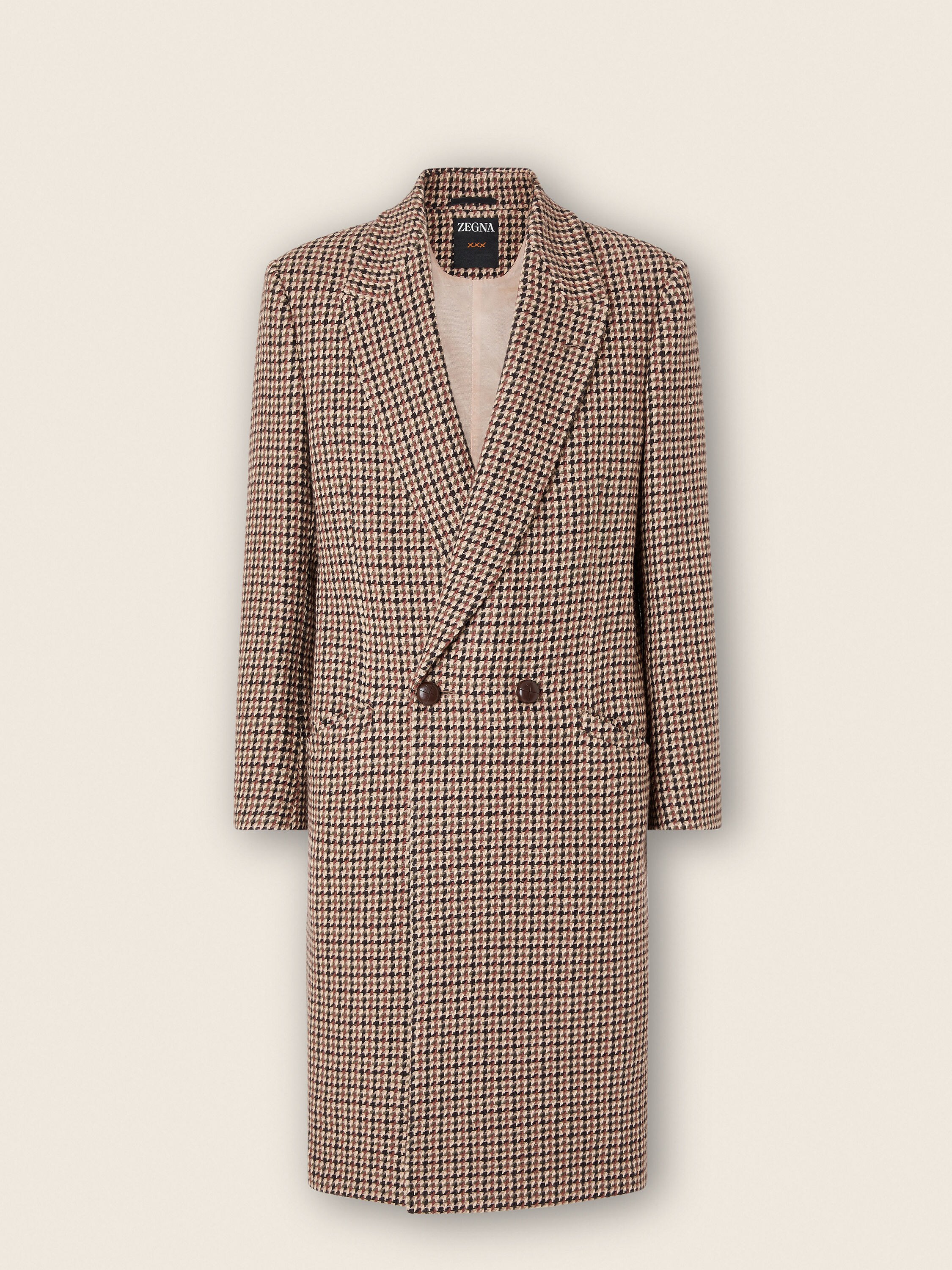 Beige Black and Reddish Brown Wool and Paper Yarn Overcoat Main product photo