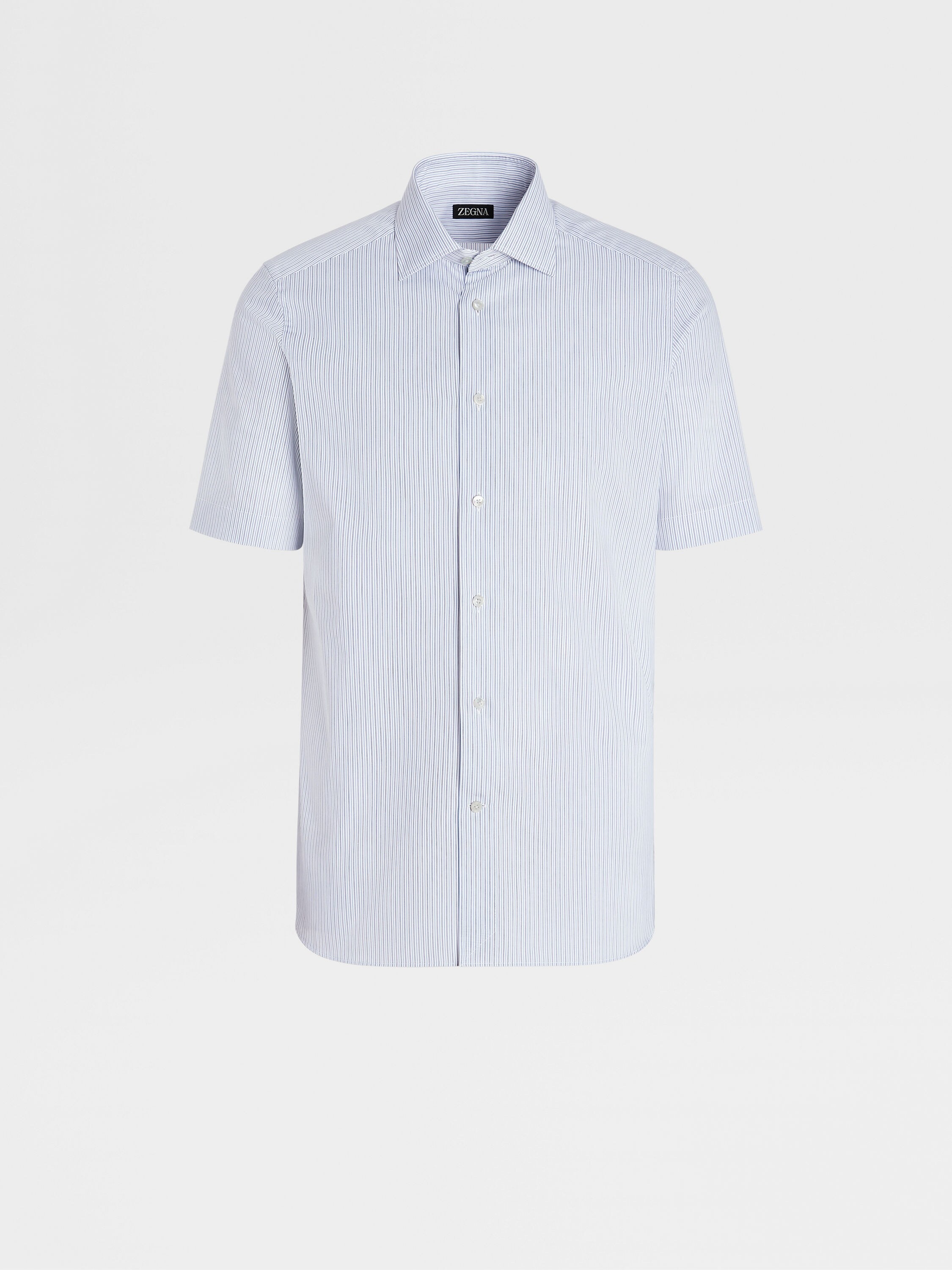 Navy Blue Striped Cotton Short-sleeve Tailoring Shirt
