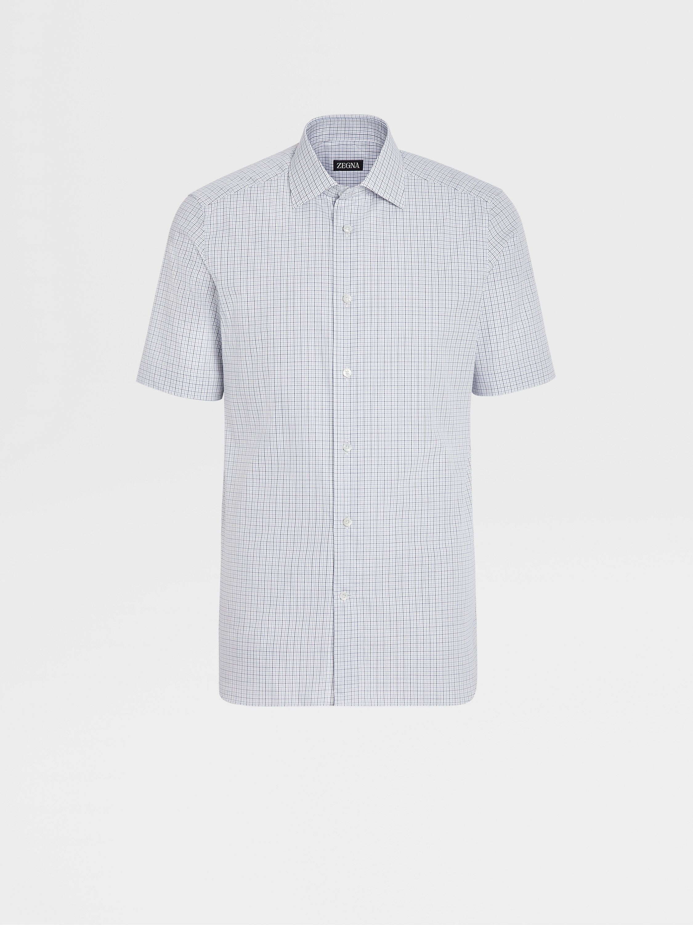 Navy Blue Checkered Cotton Short-sleeve Tailoring Shirt