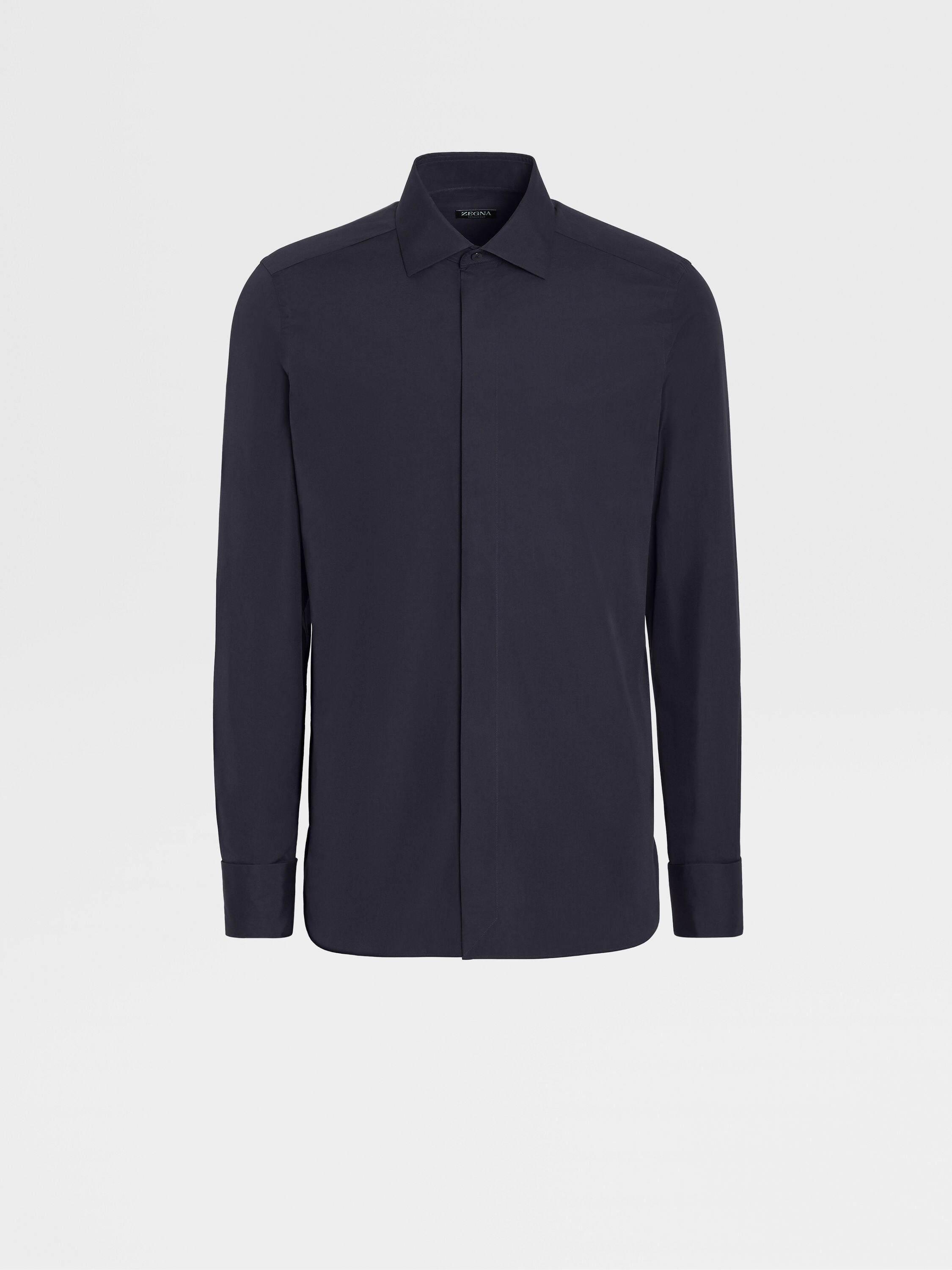 Dark Blue Pure Silk Long-sleeve Evening Shirt