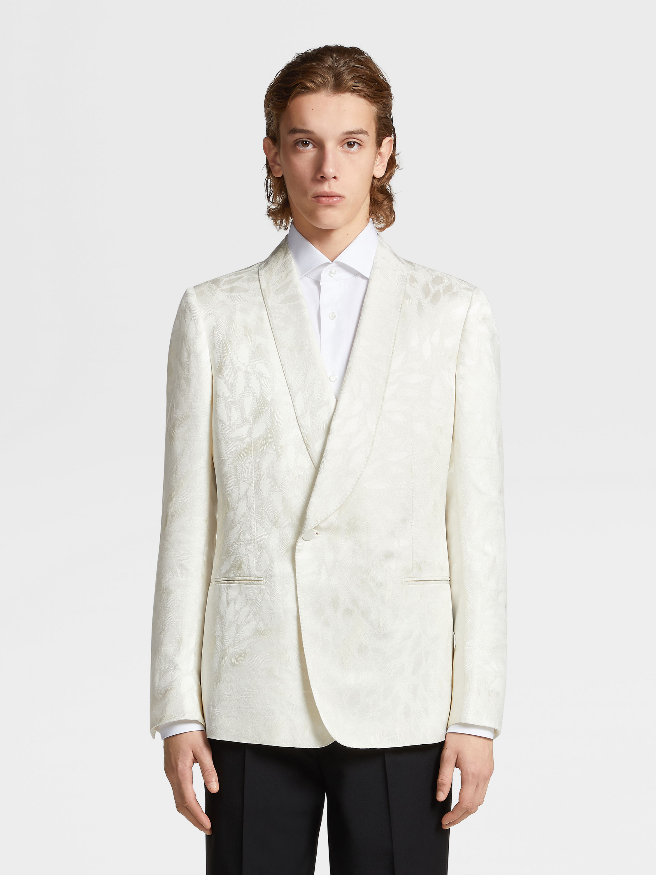 白色提花桑蚕丝及羊毛晚装夹克 產品細節圖 #3