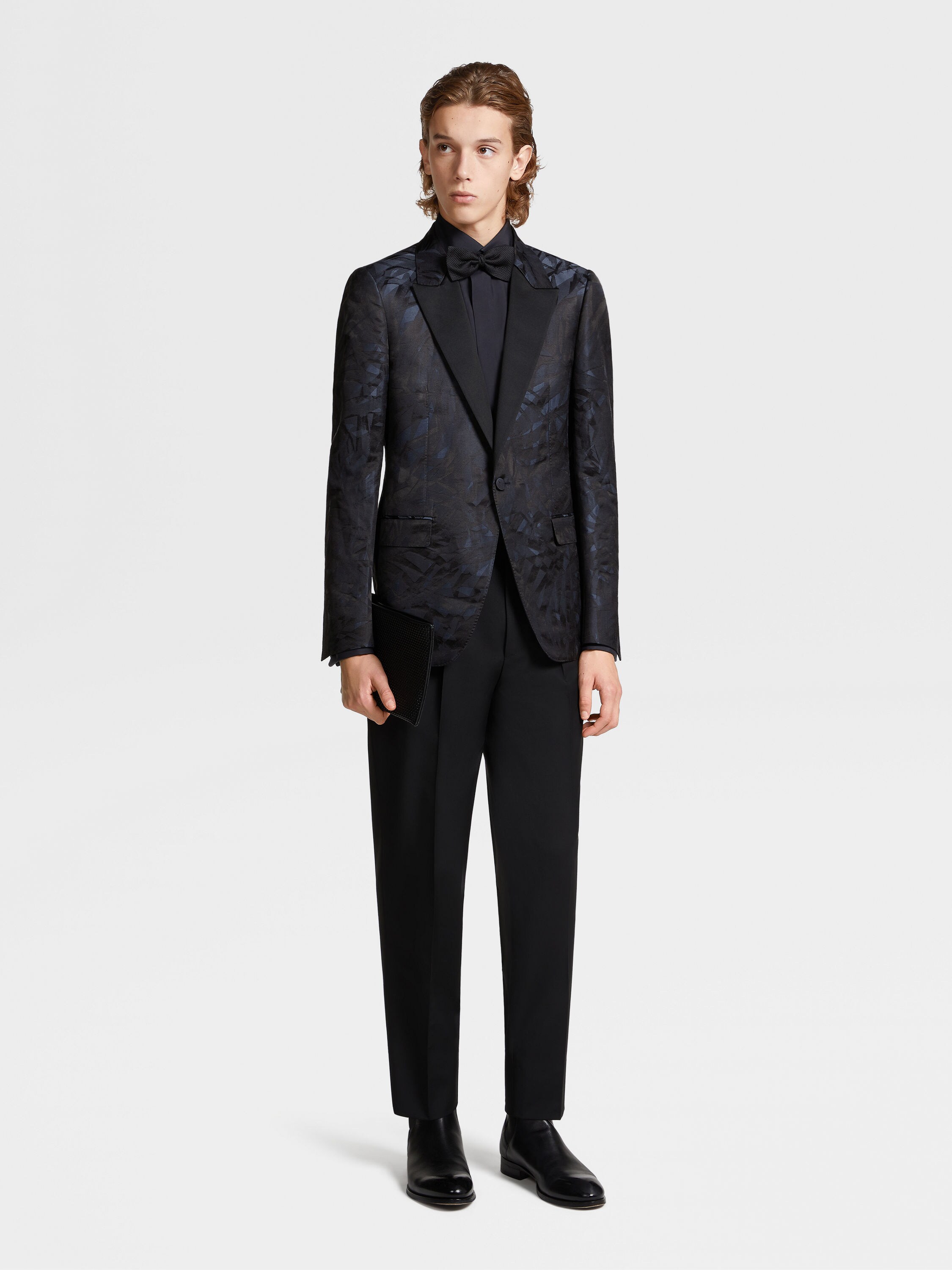 Blue and Black Jacquard Linen and Silk Evening Jacket Product detail photo #1