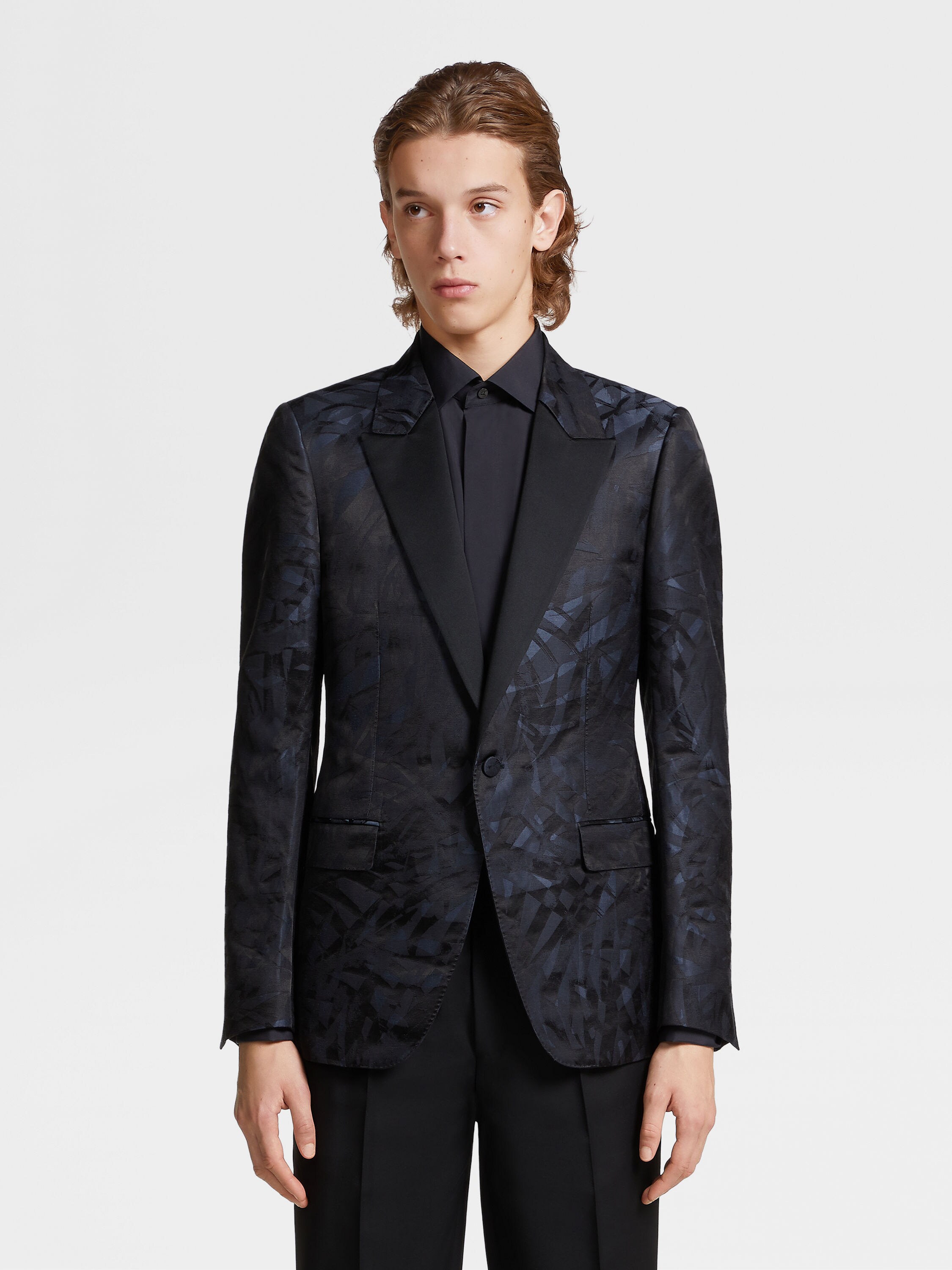 Blue and Black Jacquard Linen and Silk Evening Jacket Product detail photo #3