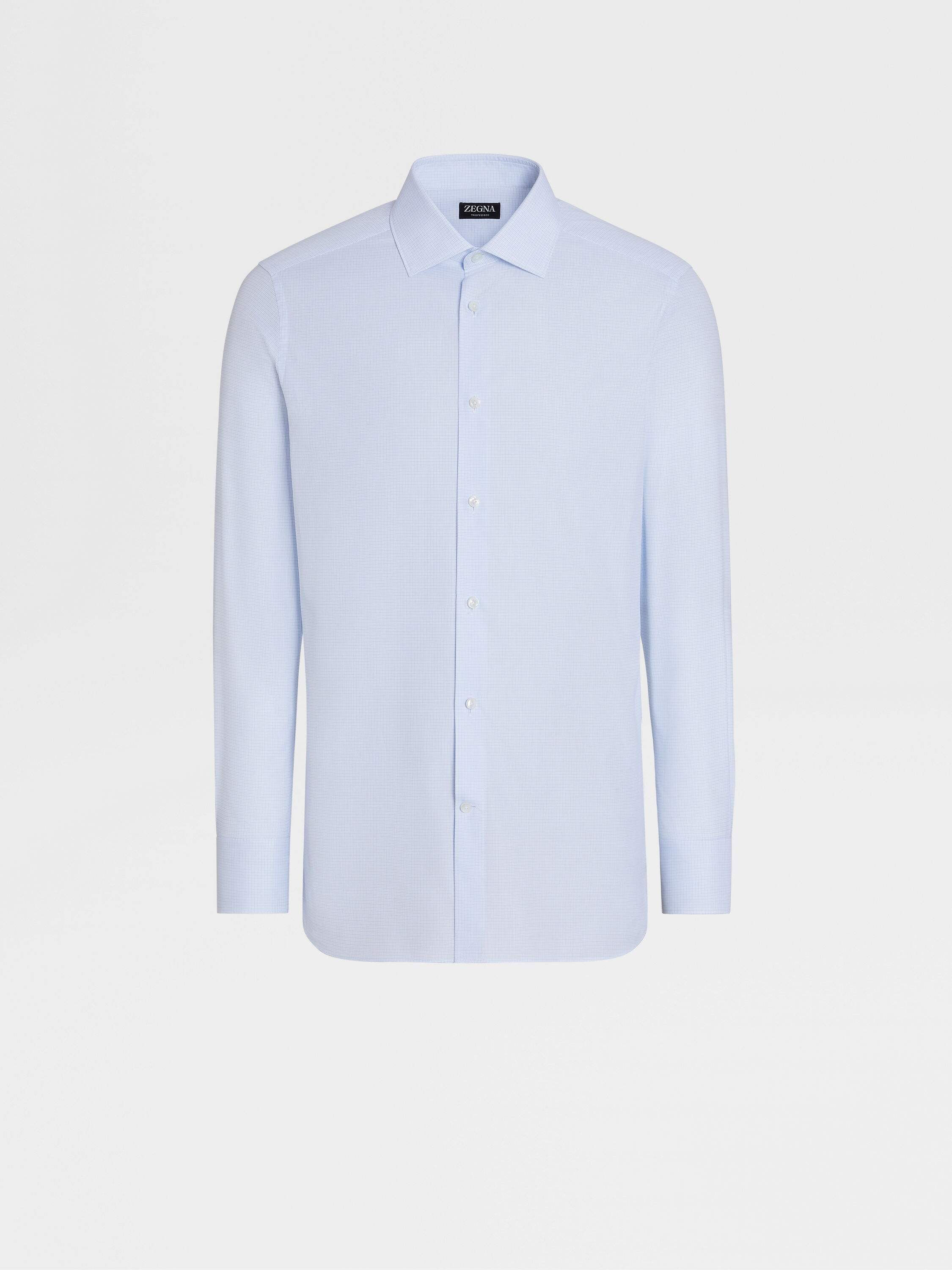浅蓝色配白色细格纹 Trofeo™ 600 棉及桑蚕丝长袖精裁衬衫