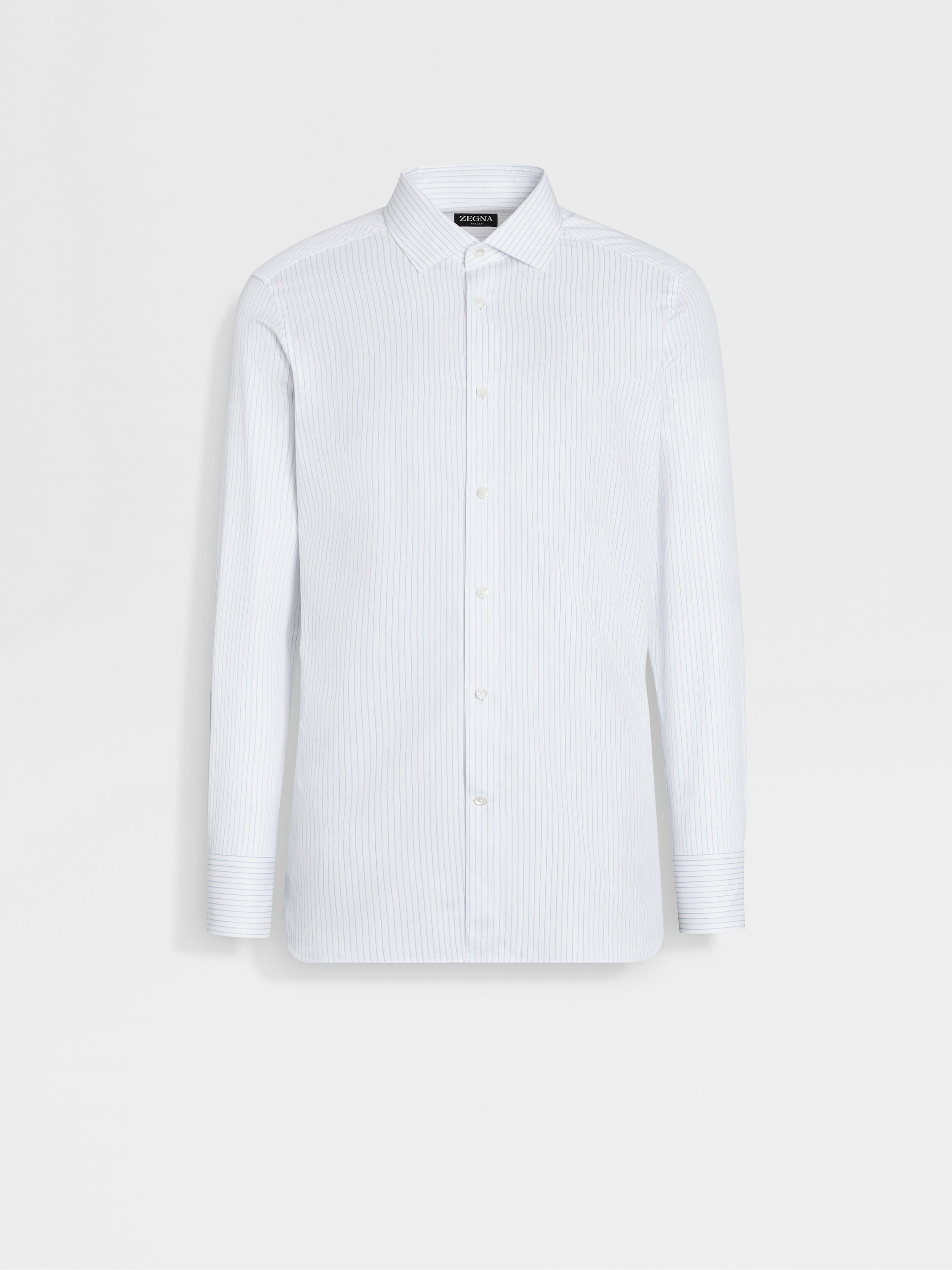 White and Light Blue Structured Striped Trecapi Cotton Shirt
