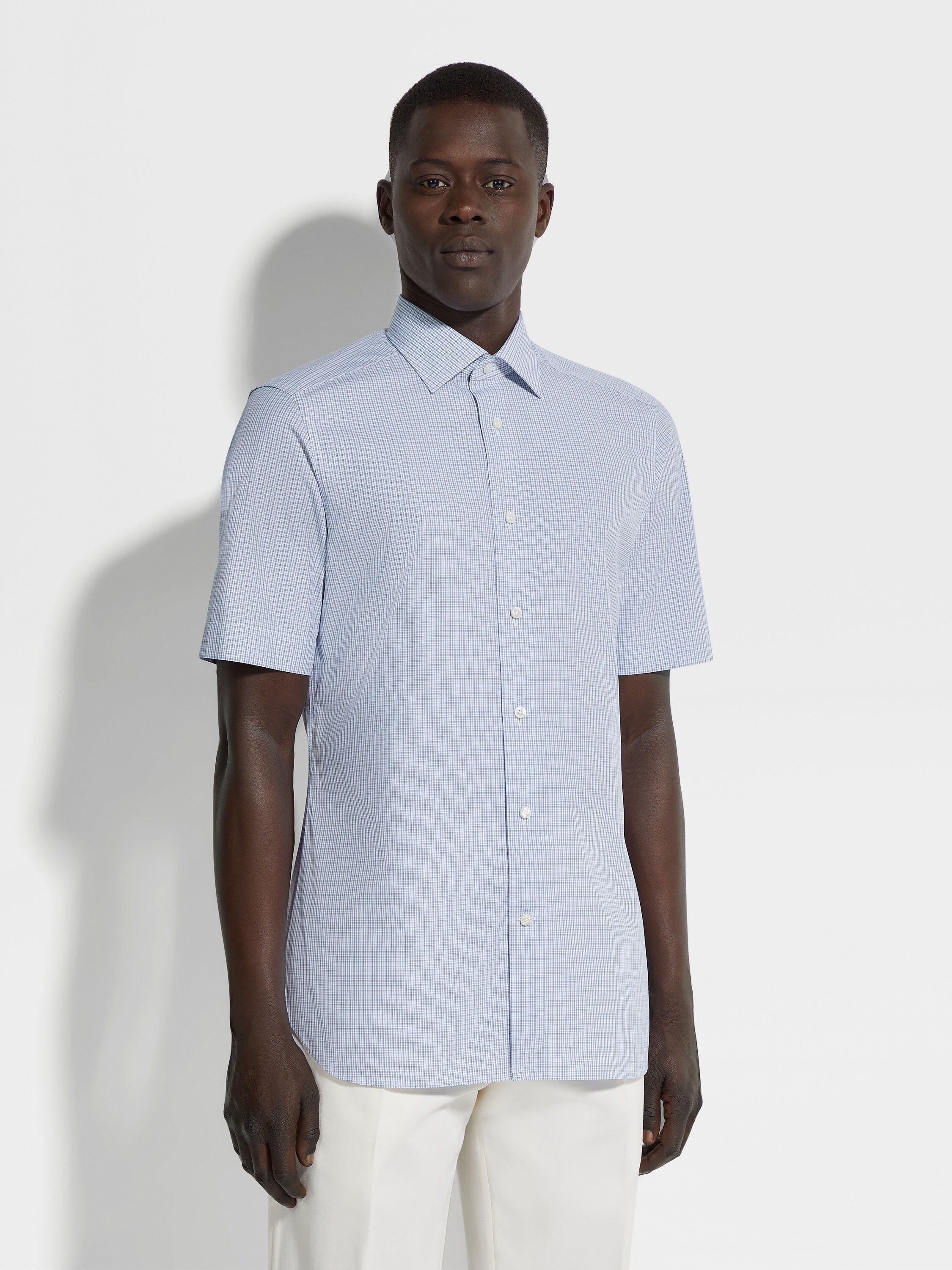 浅蓝色配白色细格纹 Trecapi 棉质衬衫 產品細節圖 #2