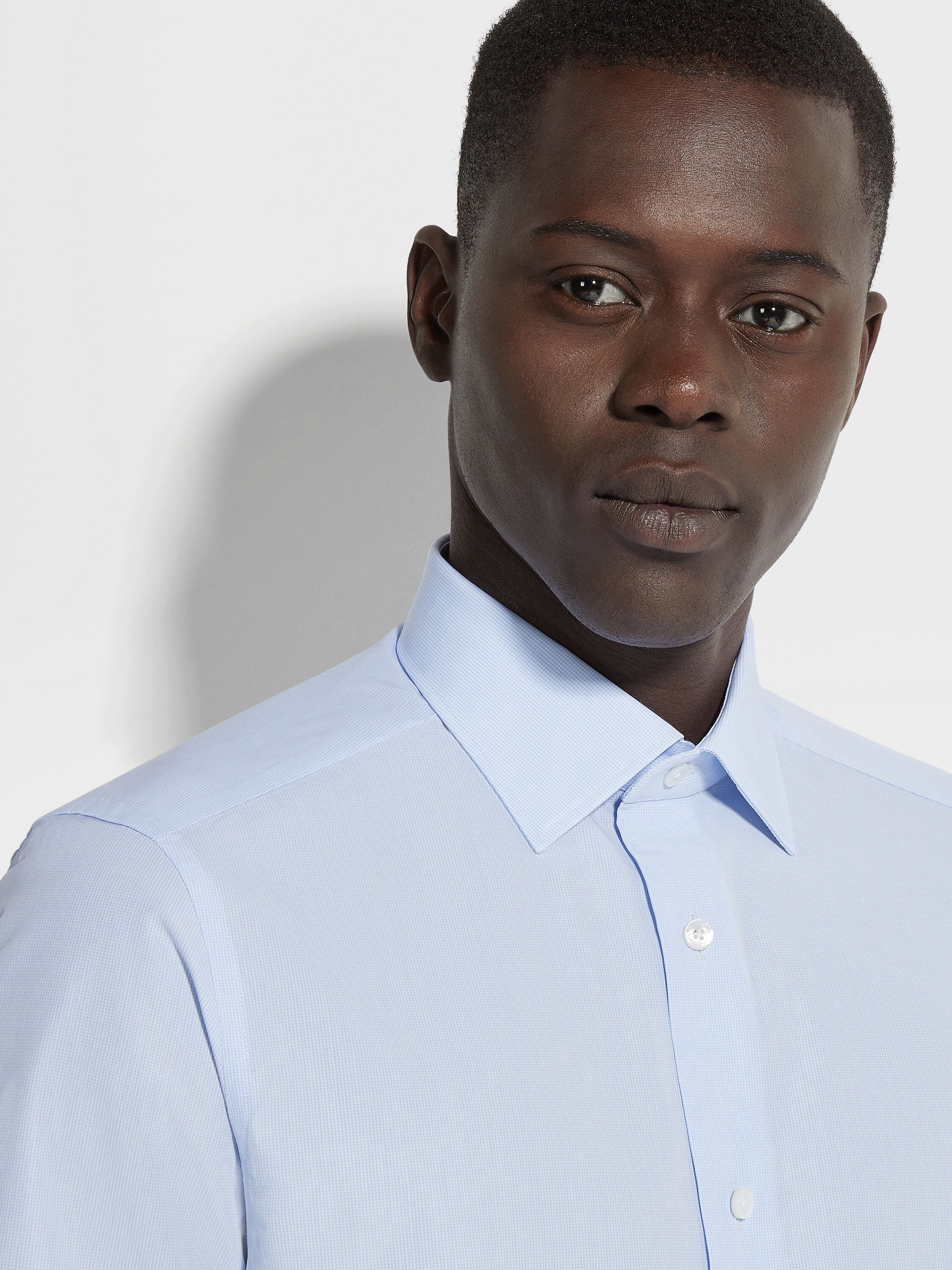 Light Blue and White Micro-checked Trecapi Cotton Shirt Product detail photo #1