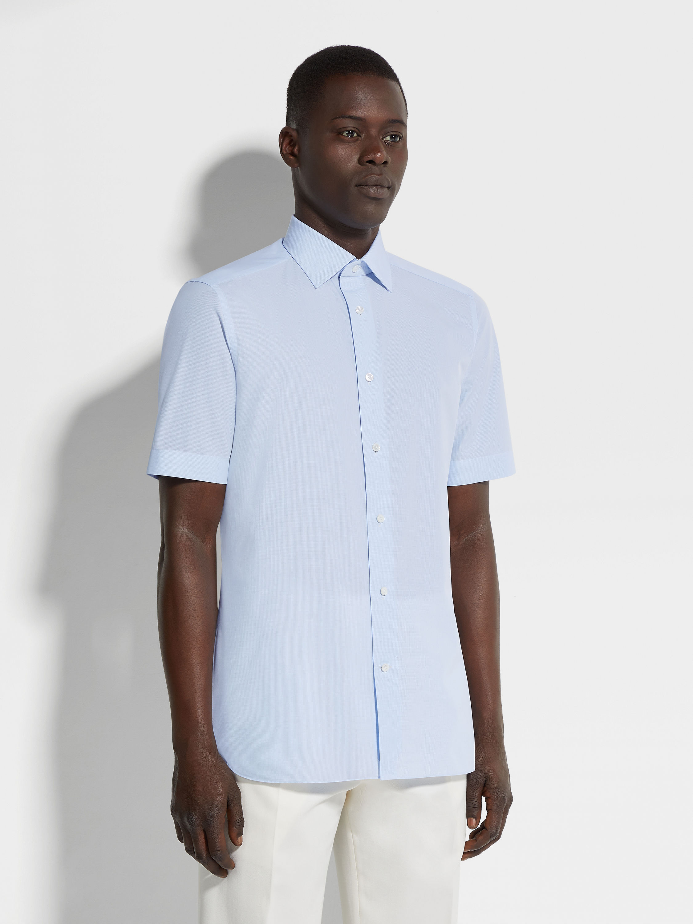 Light Blue and White Micro-checked Trecapi Cotton Shirt Product detail photo #2