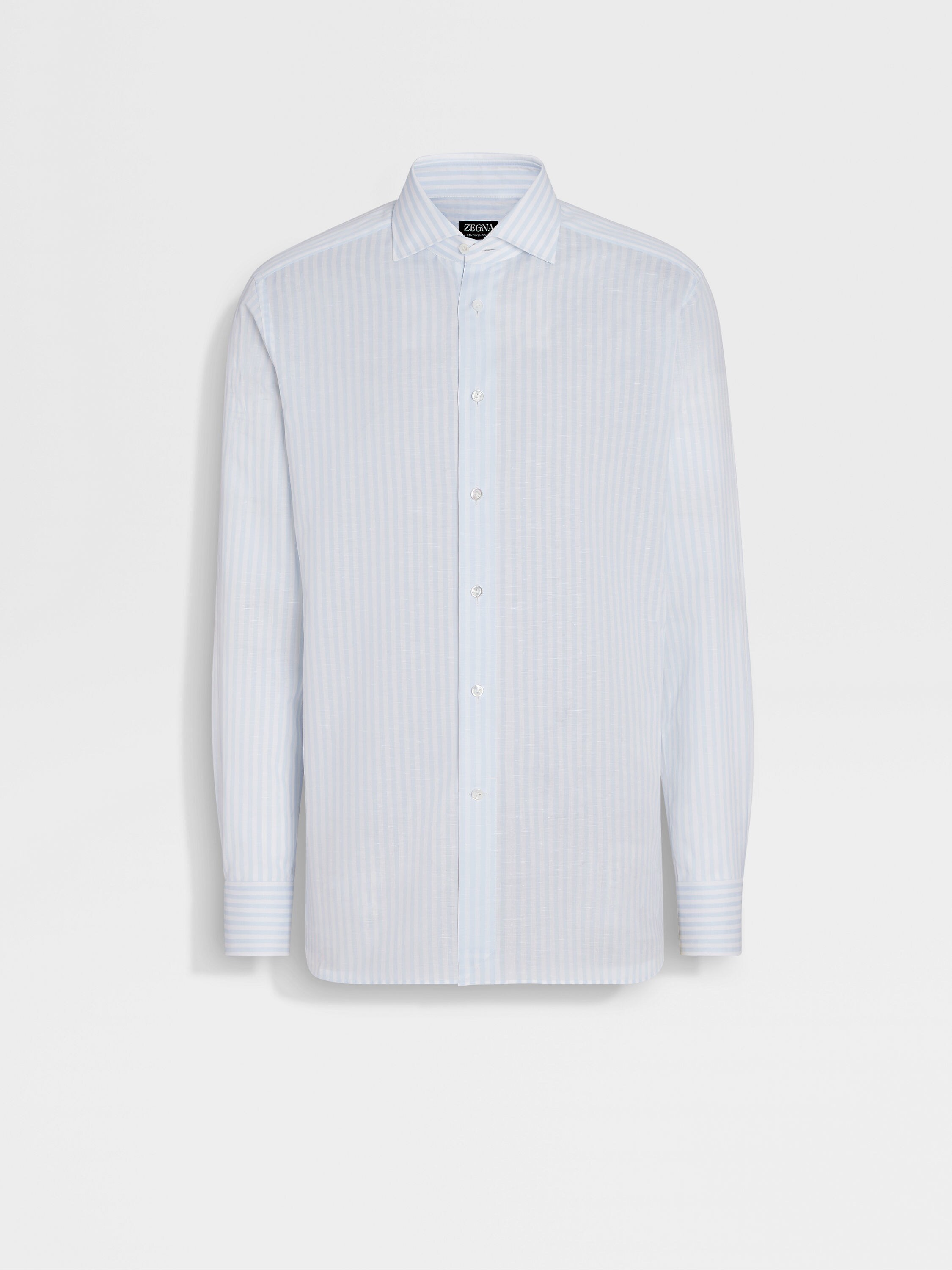 Light Blue and White Striped Centoventimila Cotton and Linen Shirt