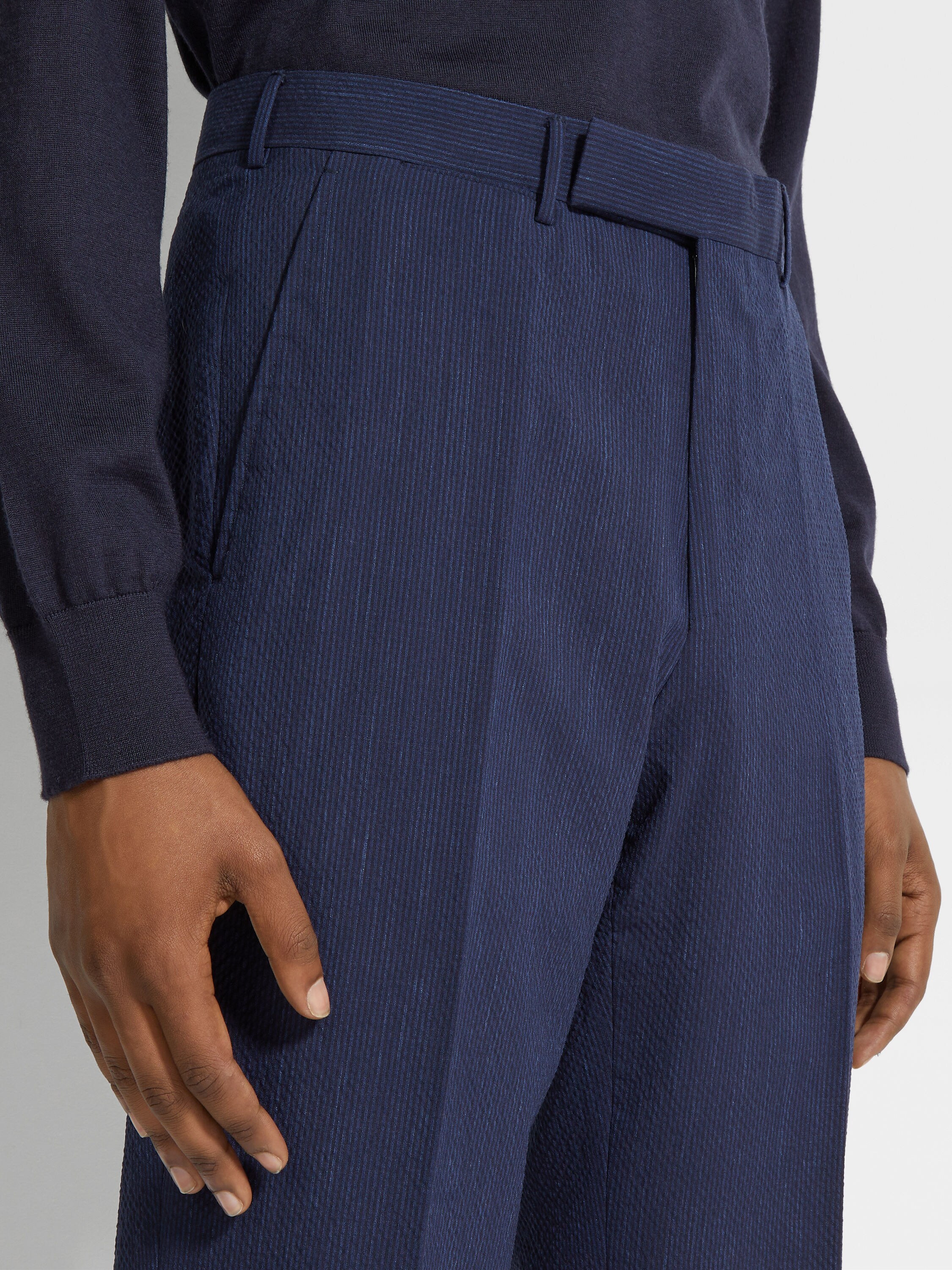 Blue and Navy Blue Trofeo™ Seersucker Wool Silk and Linen Blend Pants Product detail photo #1
