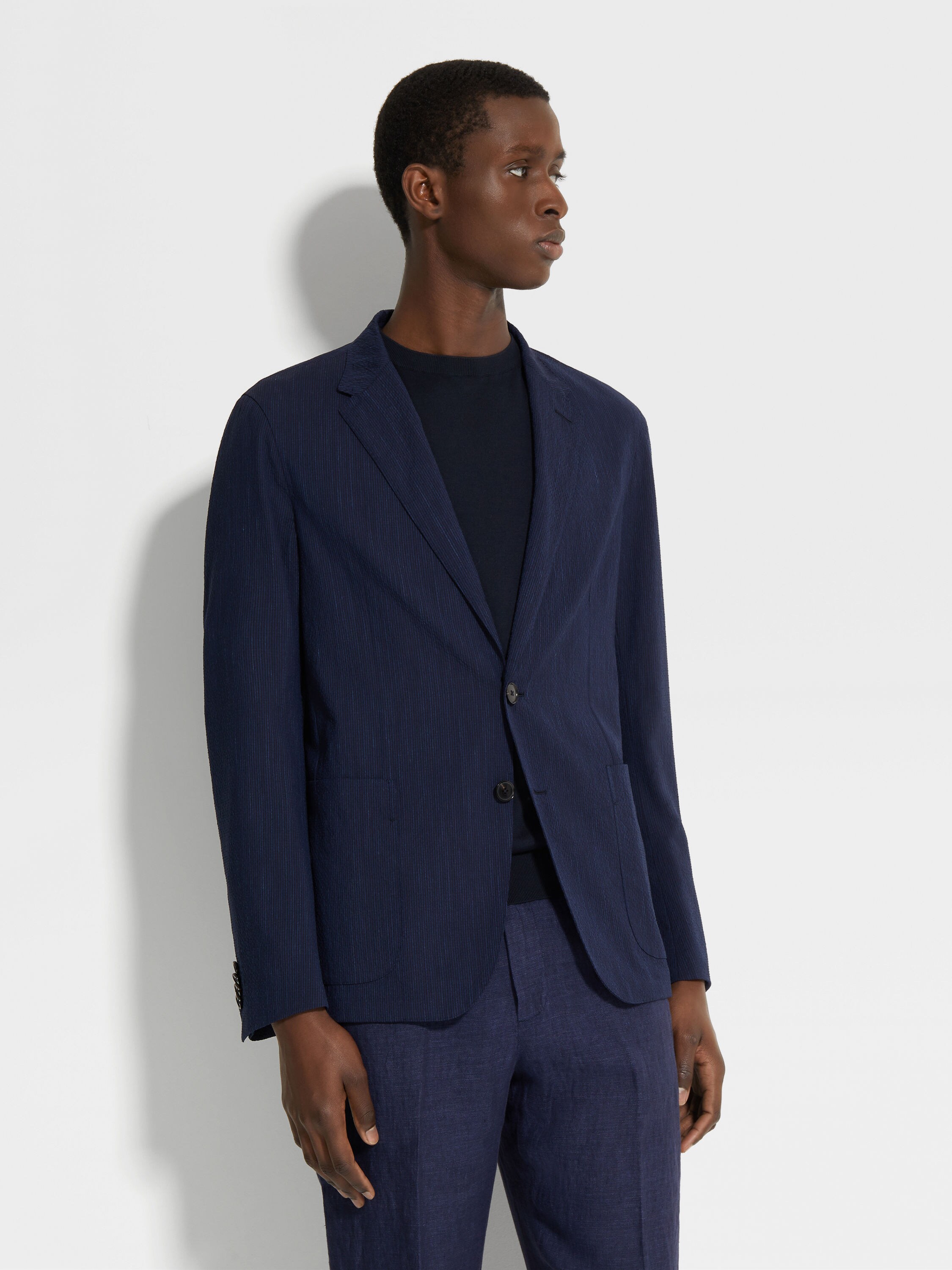 Blue and Navy Blue Trofeo™ Seersucker Wool Silk and Linen Blend Shirt Jacket Product detail photo #3