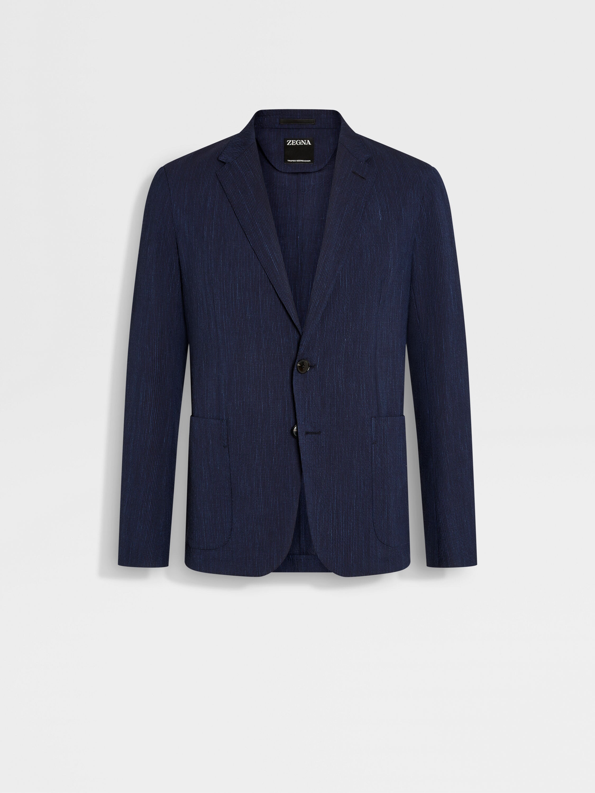 Blue and Navy Blue Trofeo™ Seersucker Wool Silk and Linen Blend Shirt Jacket
