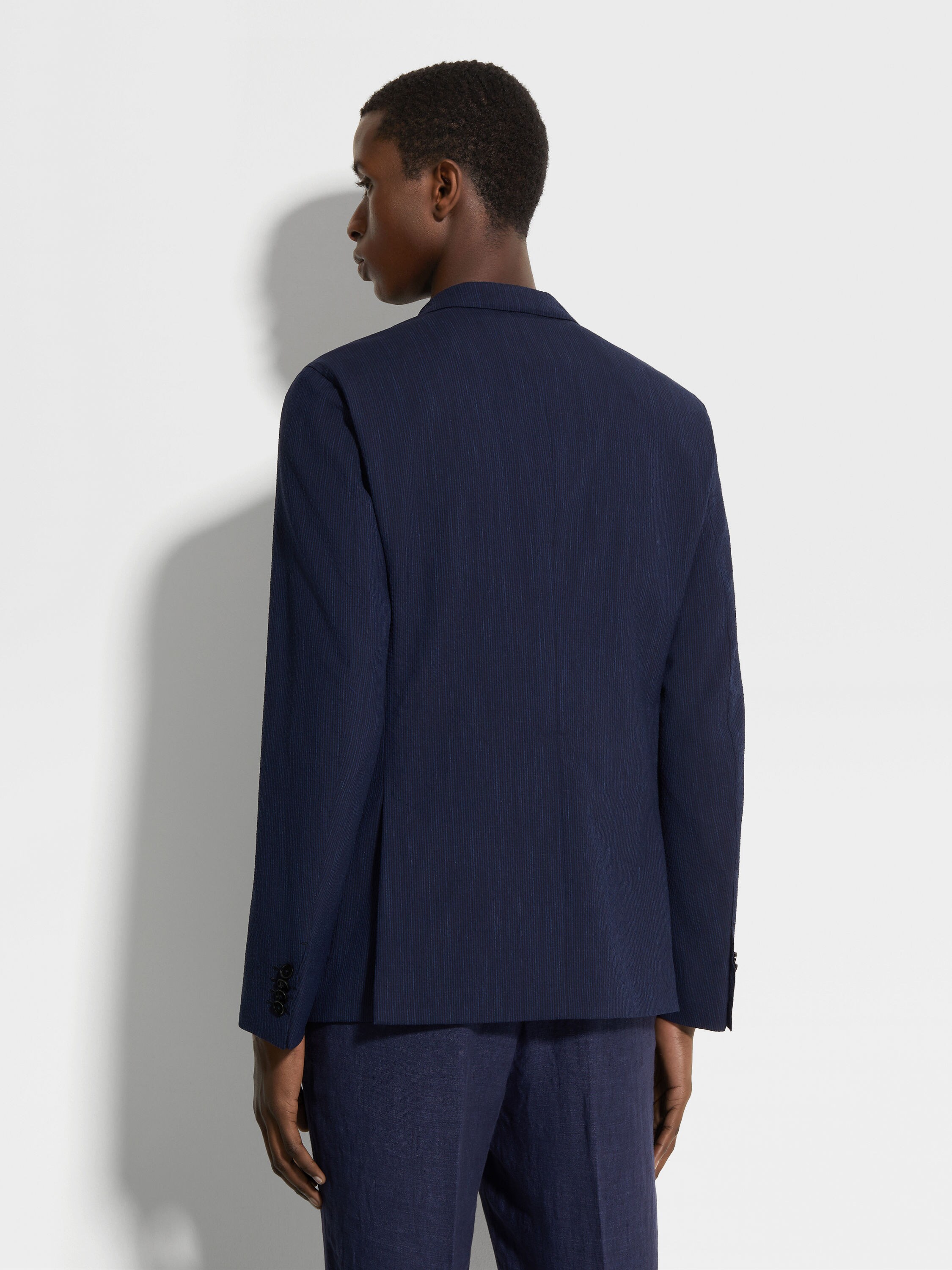 Blue and Navy Blue Trofeo™ Seersucker Wool Silk and Linen Blend Shirt Jacket Product detail photo #4