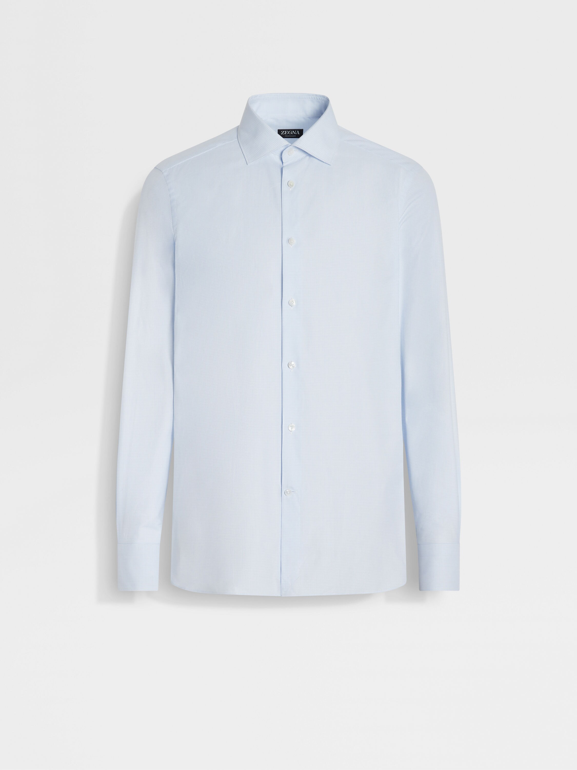 White and Light Blue Micro-checked Trofeo 600 Cotton and Silk Shirt Main product photo