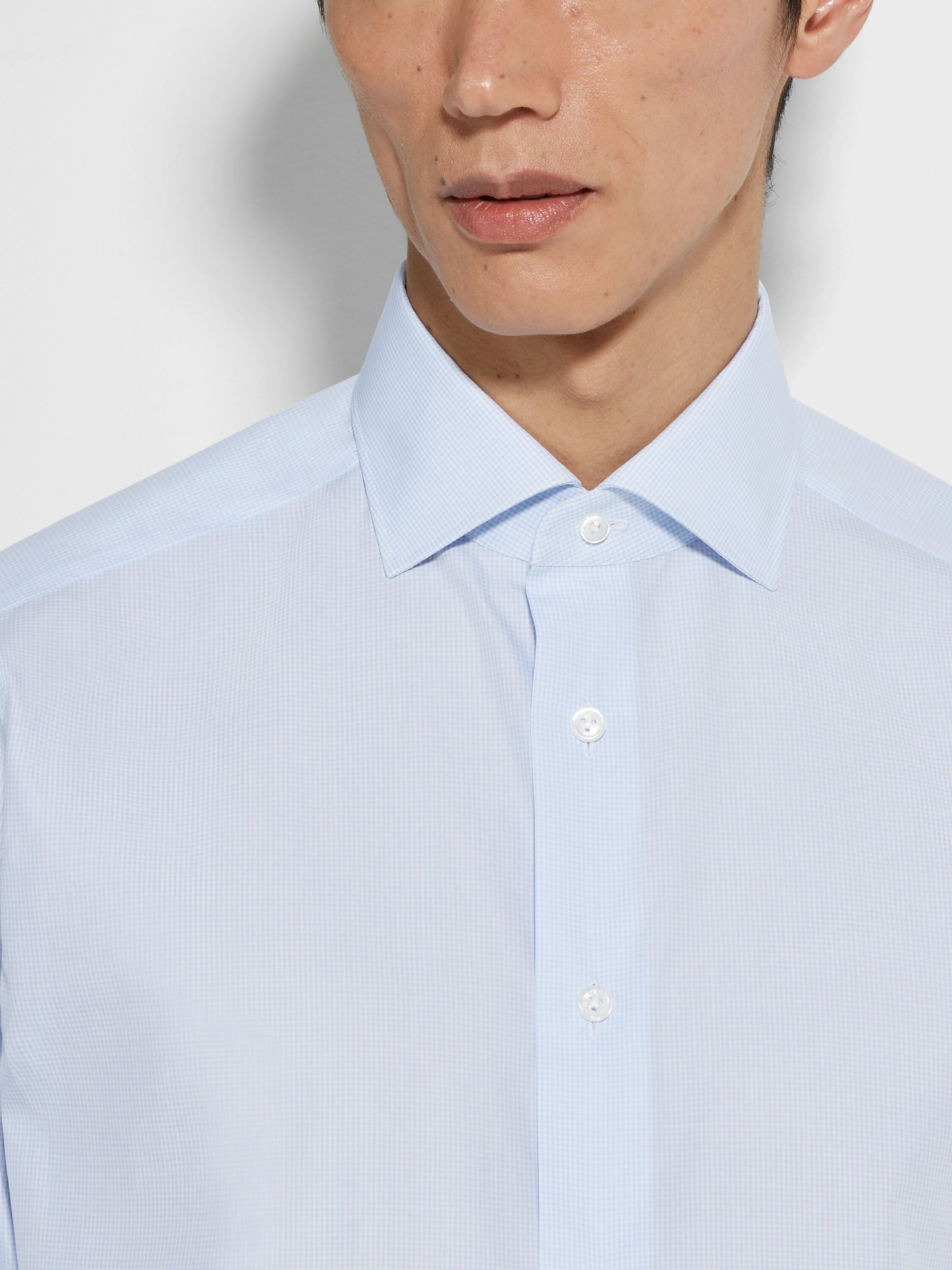 White and Light Blue Micro-checked 300 Cotton Shirt Product detail photo #1