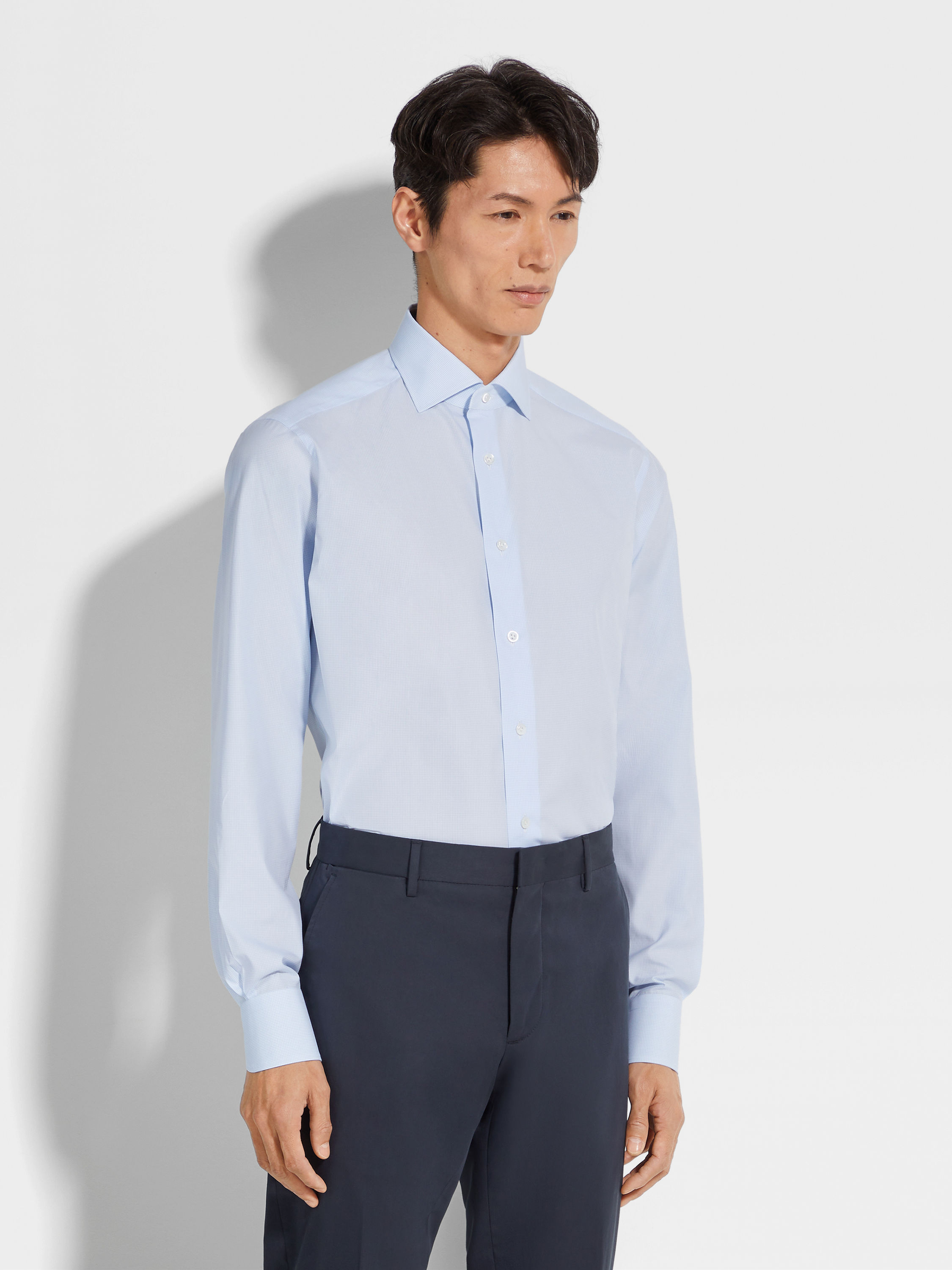 White and Light Blue Micro-checked 300 Cotton Shirt Product detail photo #2