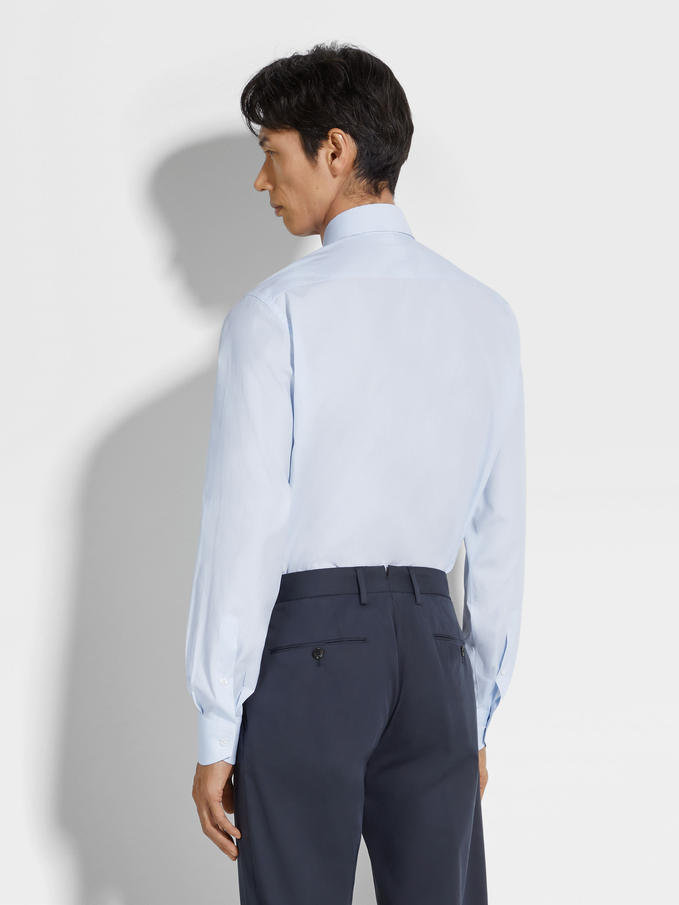 White and Light Blue Micro-checked 300 Cotton Shirt Product detail photo #3