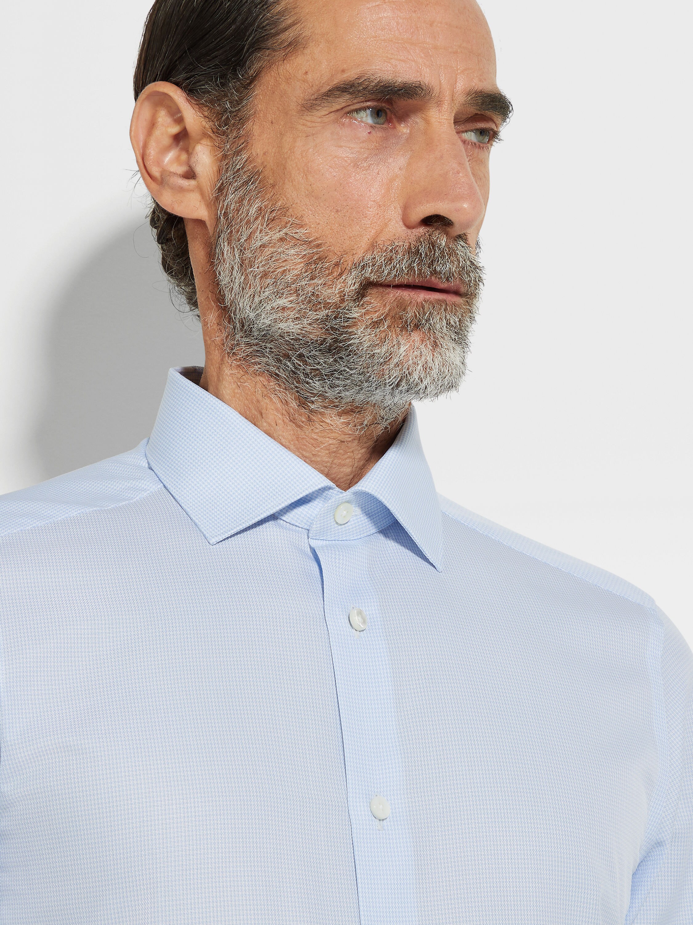 Light Blue and White Structured Micro-checked Trecapi Cotton Shirt Product detail photo #1