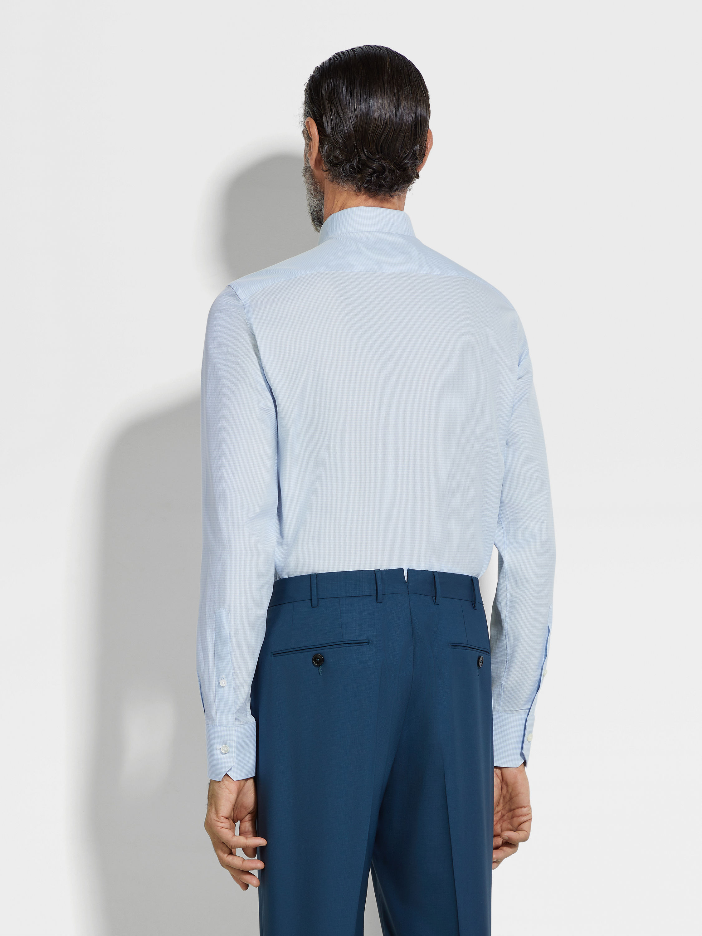 Light Blue and White Structured Micro-checked Trecapi Cotton Shirt Product detail photo #3