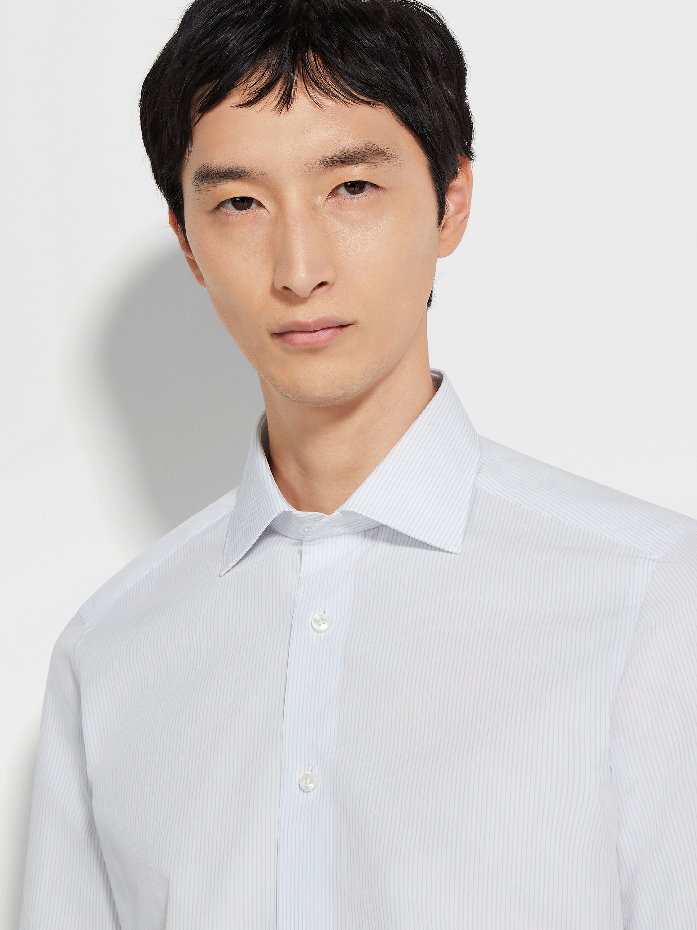 White and Light Blue Striped Trecapi Cotton Shirt Product detail photo #1