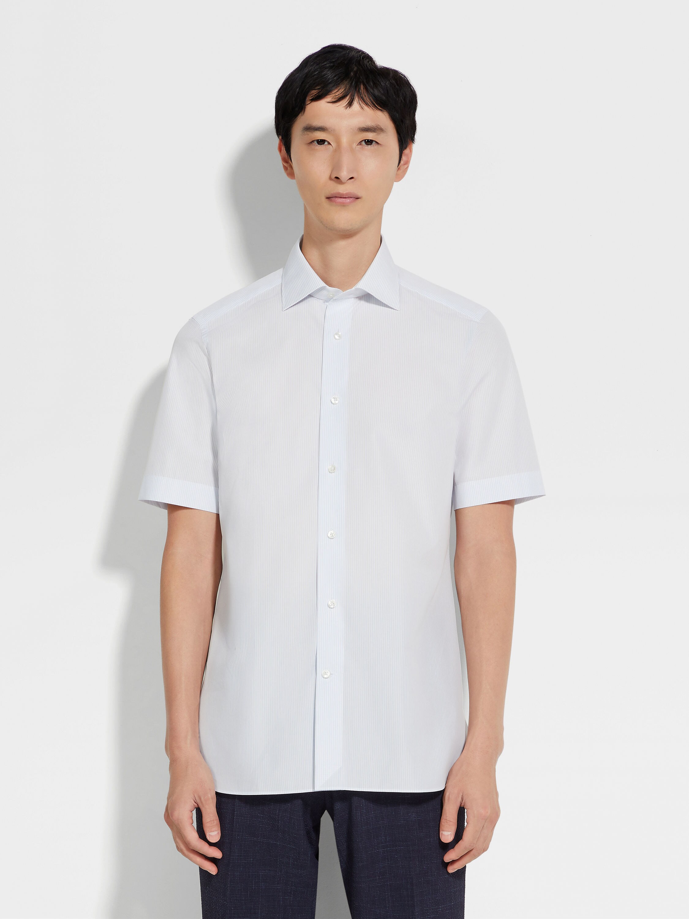 White and Light Blue Striped Trecapi Cotton Shirt Product detail photo #2