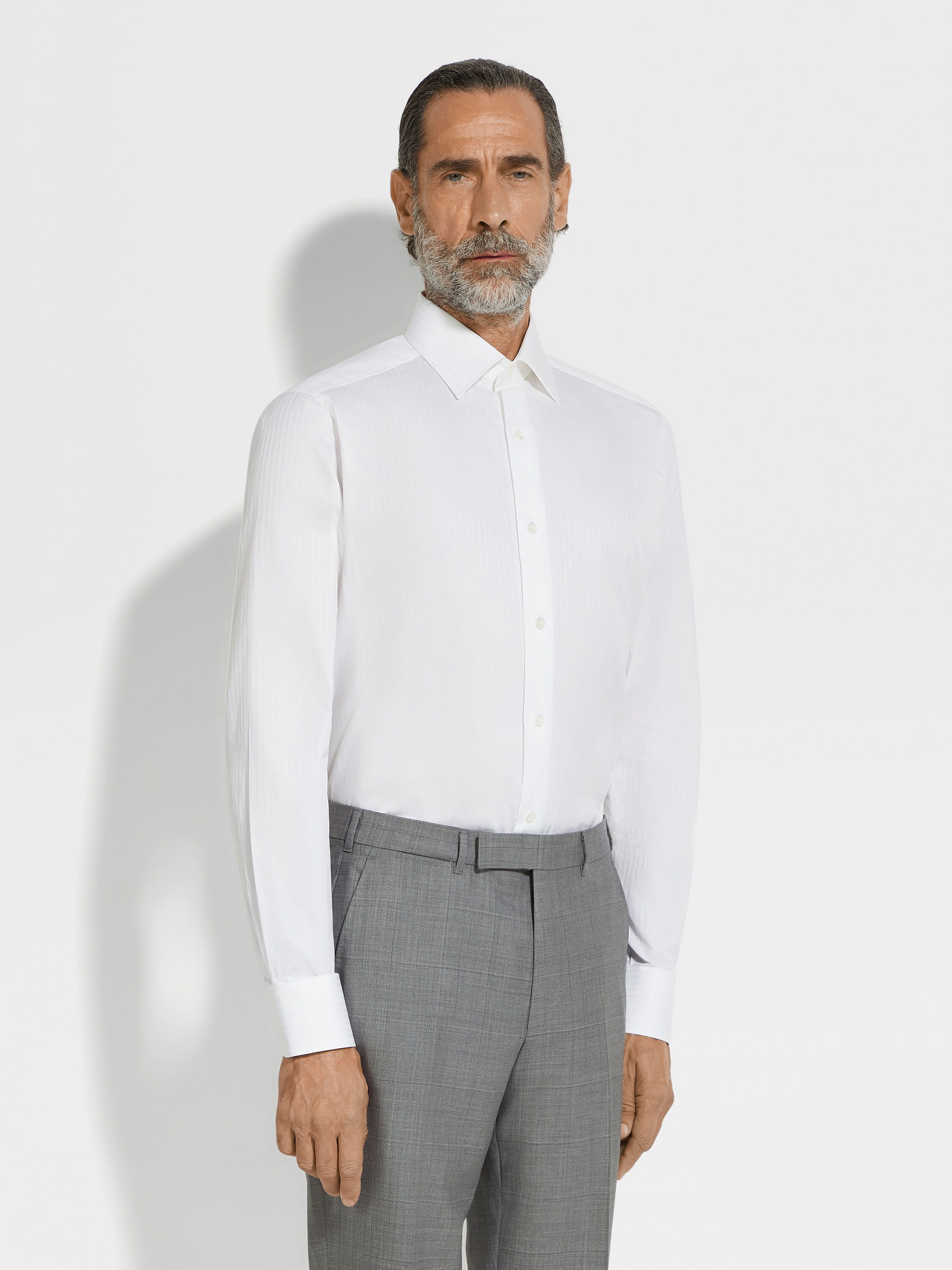 Optical White Structured Striped Centoventimila Cotton Shirt Product detail photo #2