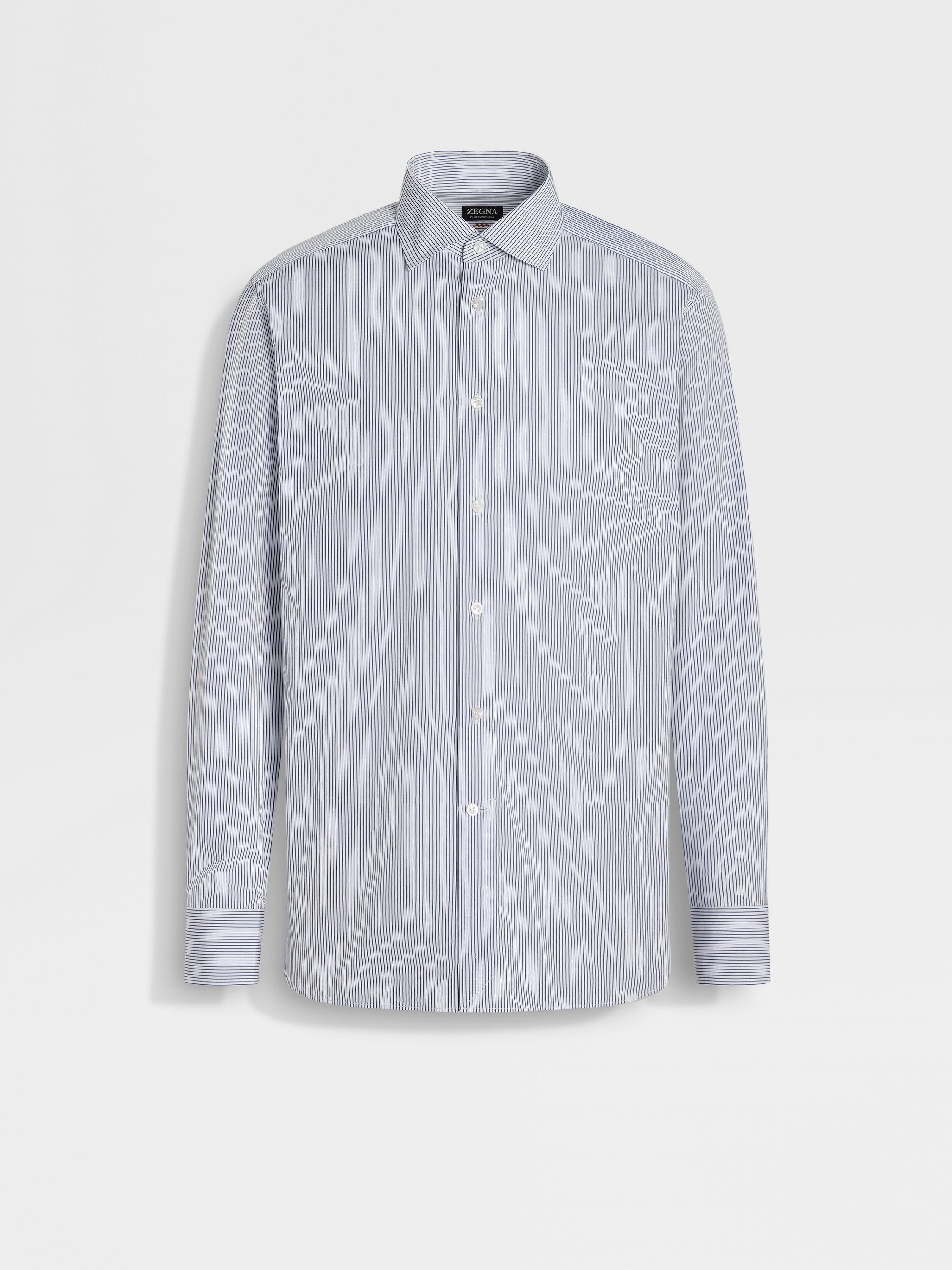 Navy Blue and White Striped Centoventimila Cotton Shirt Main product photo